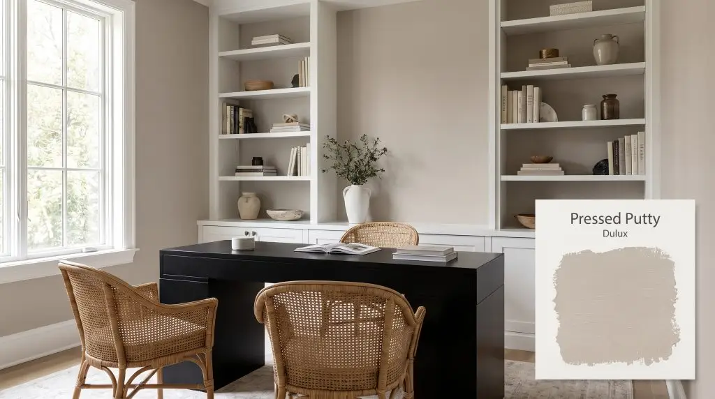 Woven rattan chairs and a sleek black desk sit within an elegant office featuring greige walls painted in Dulux Pressed Putty (Hex #C0B4AB).