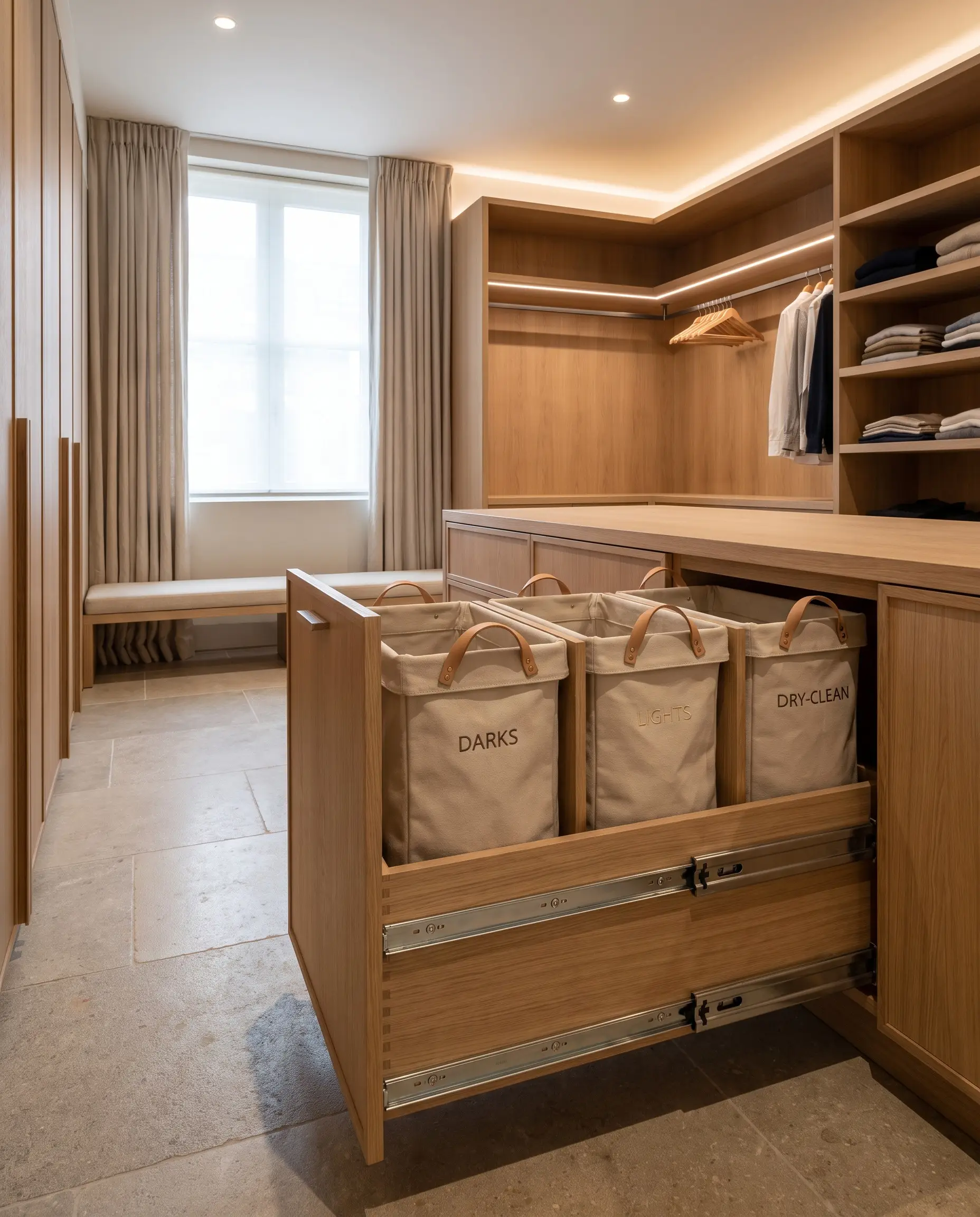 Heavy-duty drawer slides extend from lower cabinetry to reveal pull-out canvas laundry bins integrated directly into the bespoke millwork.