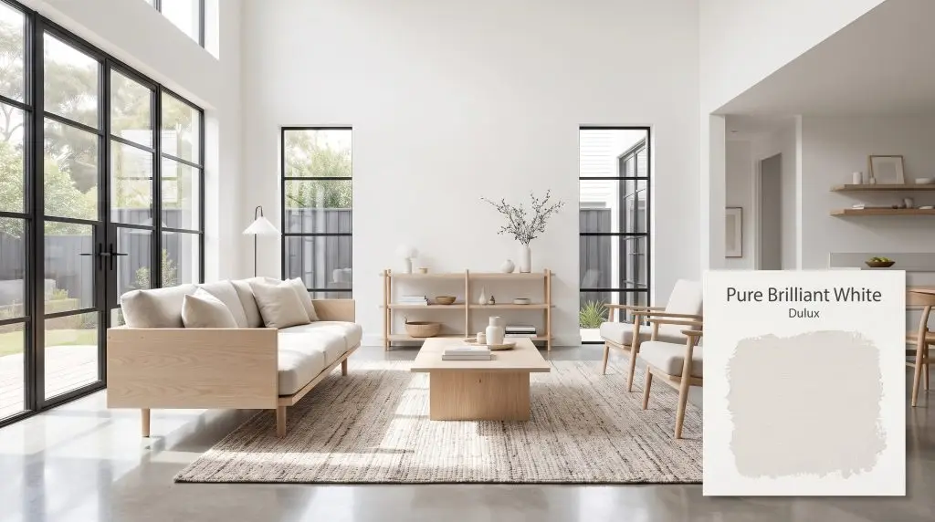 Polished concrete floors and black metal window frames contrast sharply against luminous walls finished in Dulux Pure Brilliant White (Hex #EDECE7).