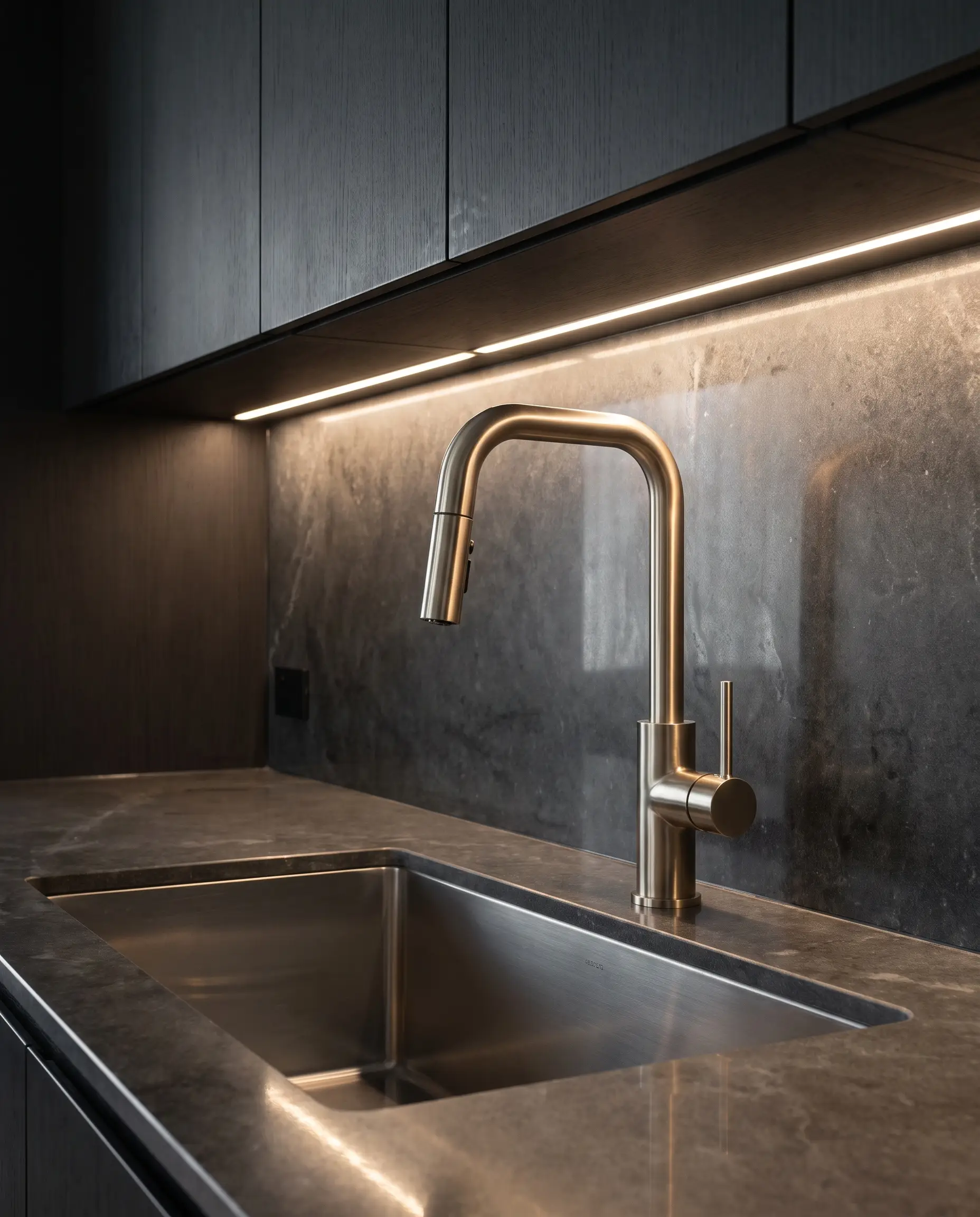 A scratch-resistant PVD-coated champagne bronze kitchen faucet pairs with a highly durable dark quartzite countertop and sleek dark contemporary cabinetry.