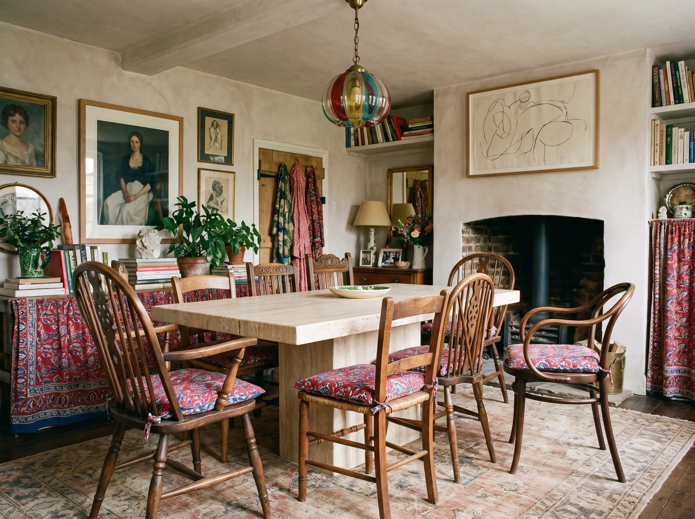 A raw architectural travertine dining table and mismatched antique mixed timber chairs define 2027 maximalism and eclectic interior trends beneath a Murano glass pendant.