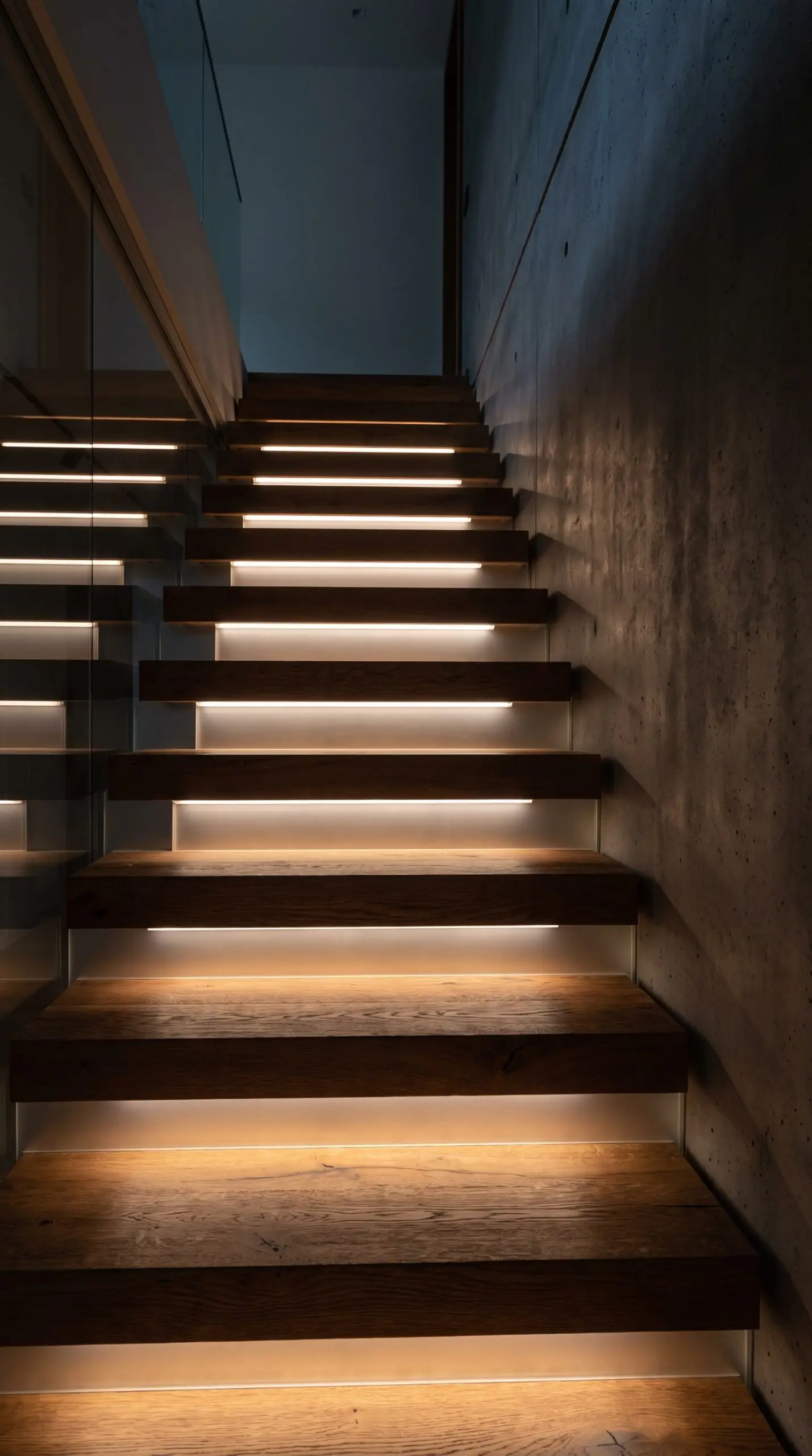 Recessed 3000K COB LED tape lighting housed in aluminum extrusion channels washes the thick oak treads of a floating wooden staircase in a dimly lit hallway.