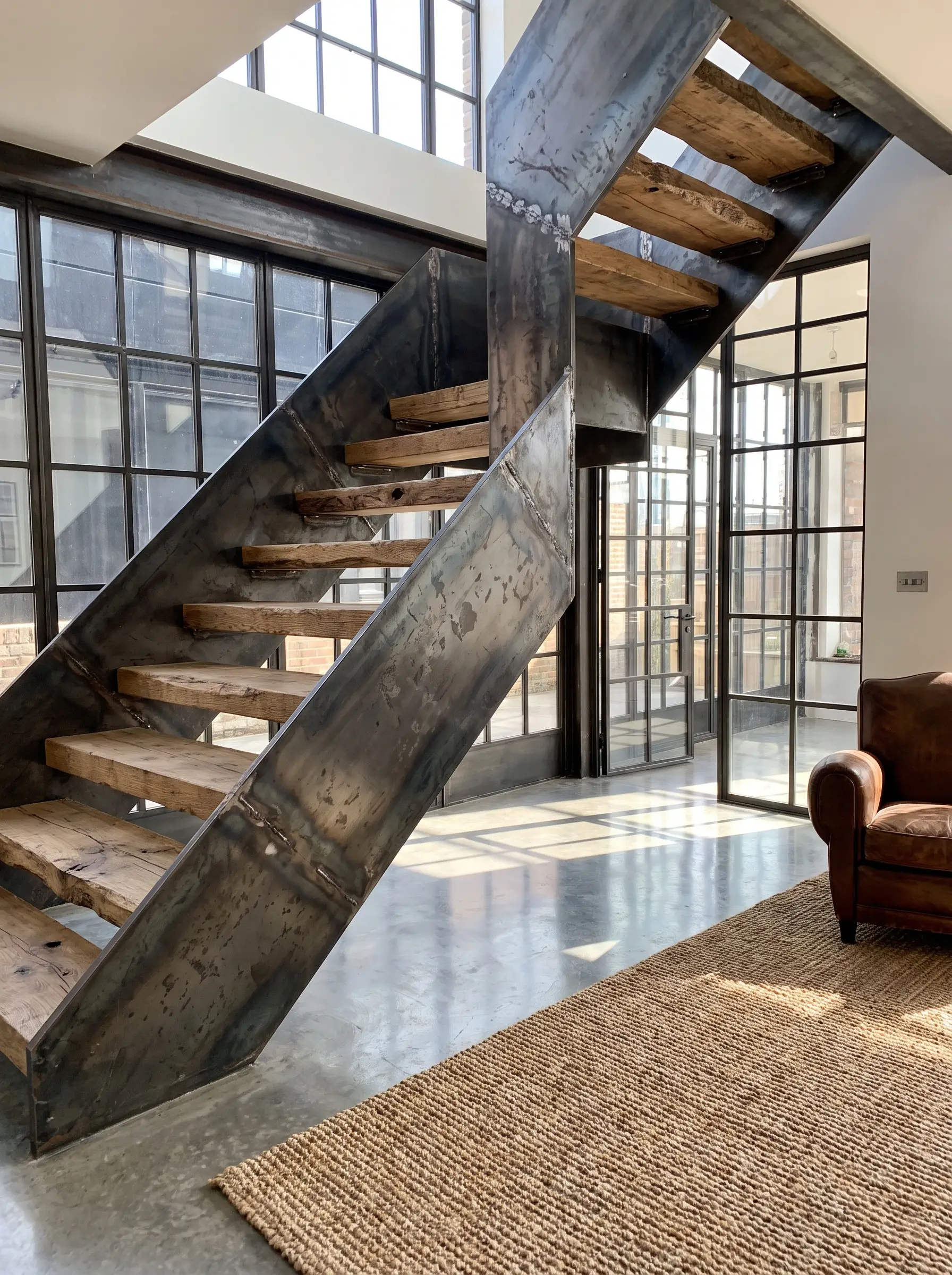 Thick live-edge antique reclaimed oak stair treads rest on raw hot-rolled steel plate stringers above contemporary polished concrete floors and dark-framed factory windows.