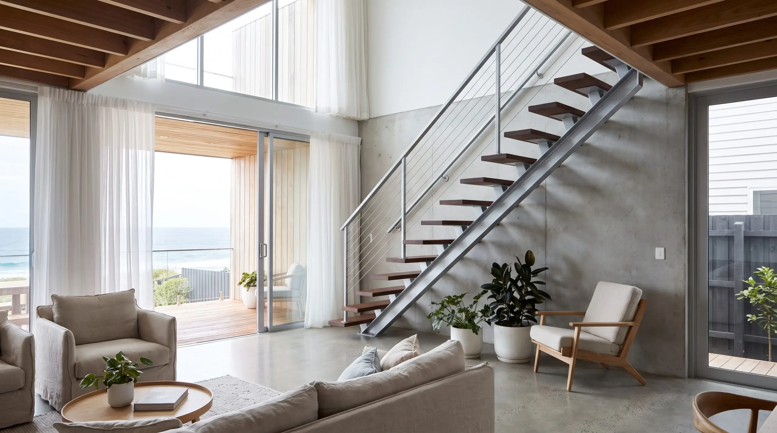 Silver-toned architectural aluminum stringers and support posts hold warm timber treads in a contemporary coastal home, reflecting 2027 staircase and railing trends.