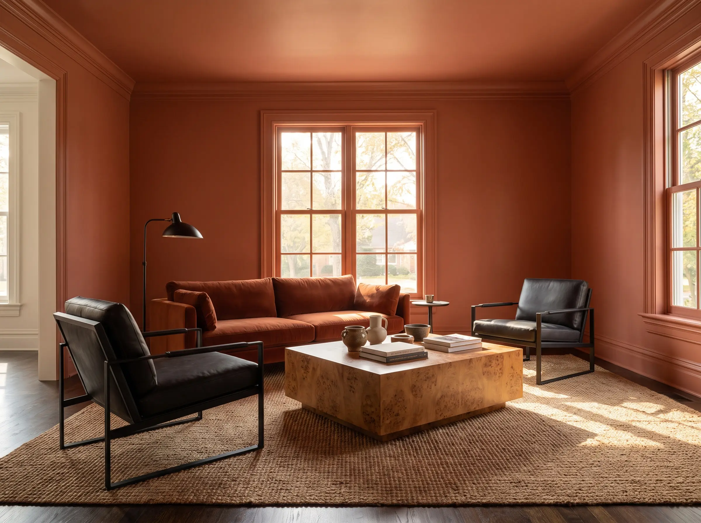 A living room flawlessly color-drenched in Farrow and Ball Red Earth paint features a monumental burl wood coffee table and matte blackened steel accents.