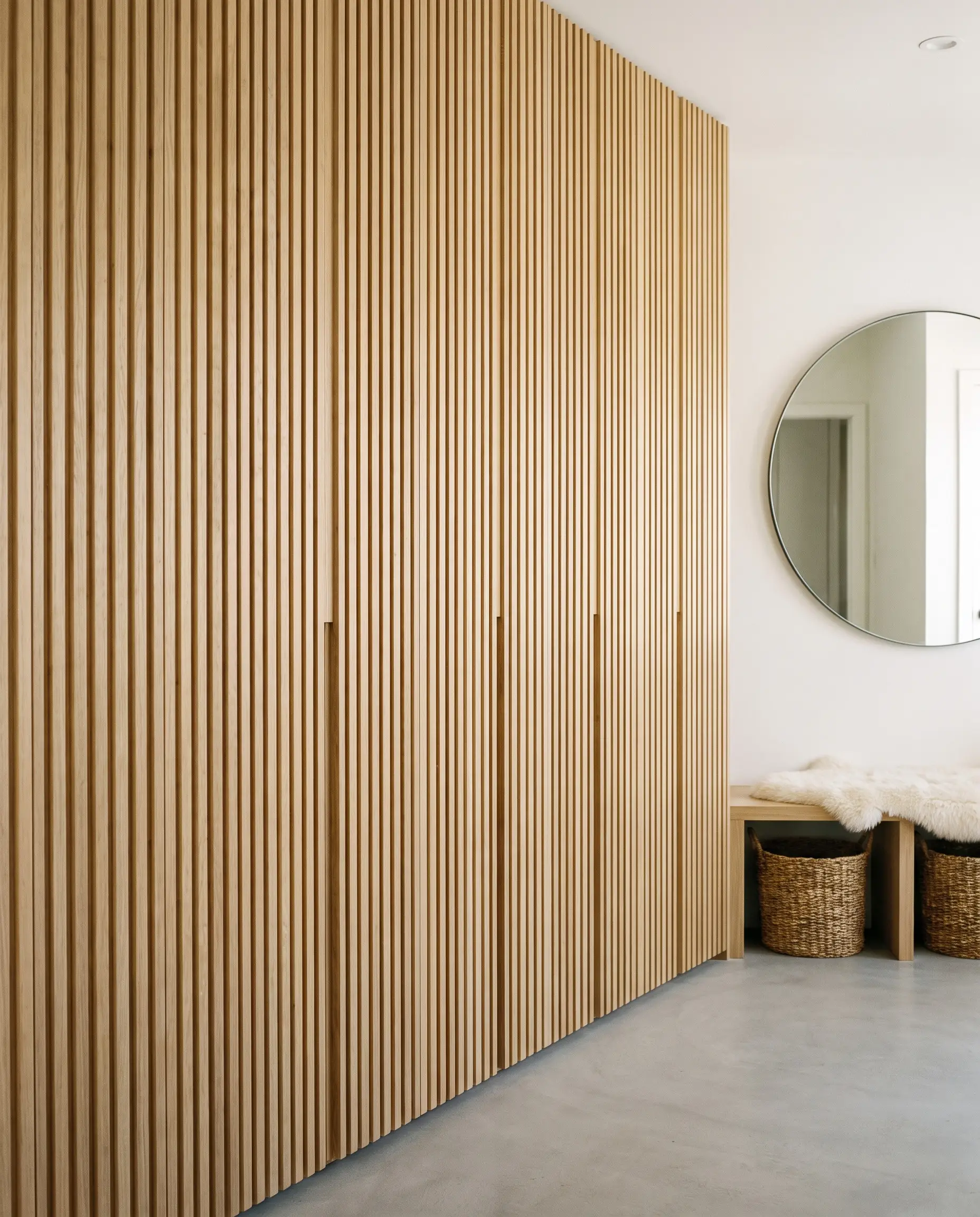 Continuous vertical fluting and integrated finger-pulls define the white oak cabinetry resting on seamless micro-cement floors, showcasing 2027 entryway and mudroom design trends.