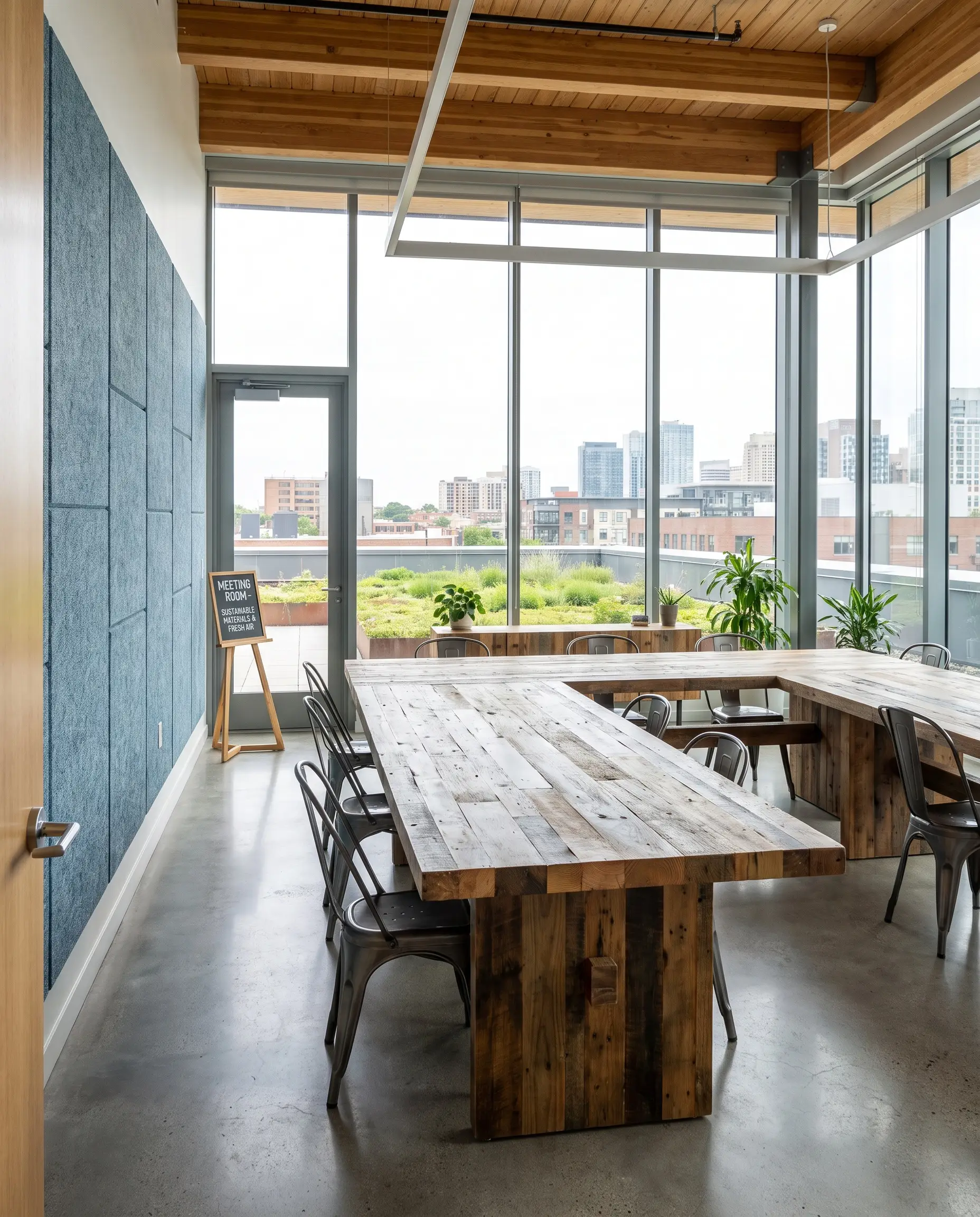 A regionally milled hardwood conference table is surrounded by minimalist metal chairs in a meeting room featuring recycled denim acoustic wall insulation.