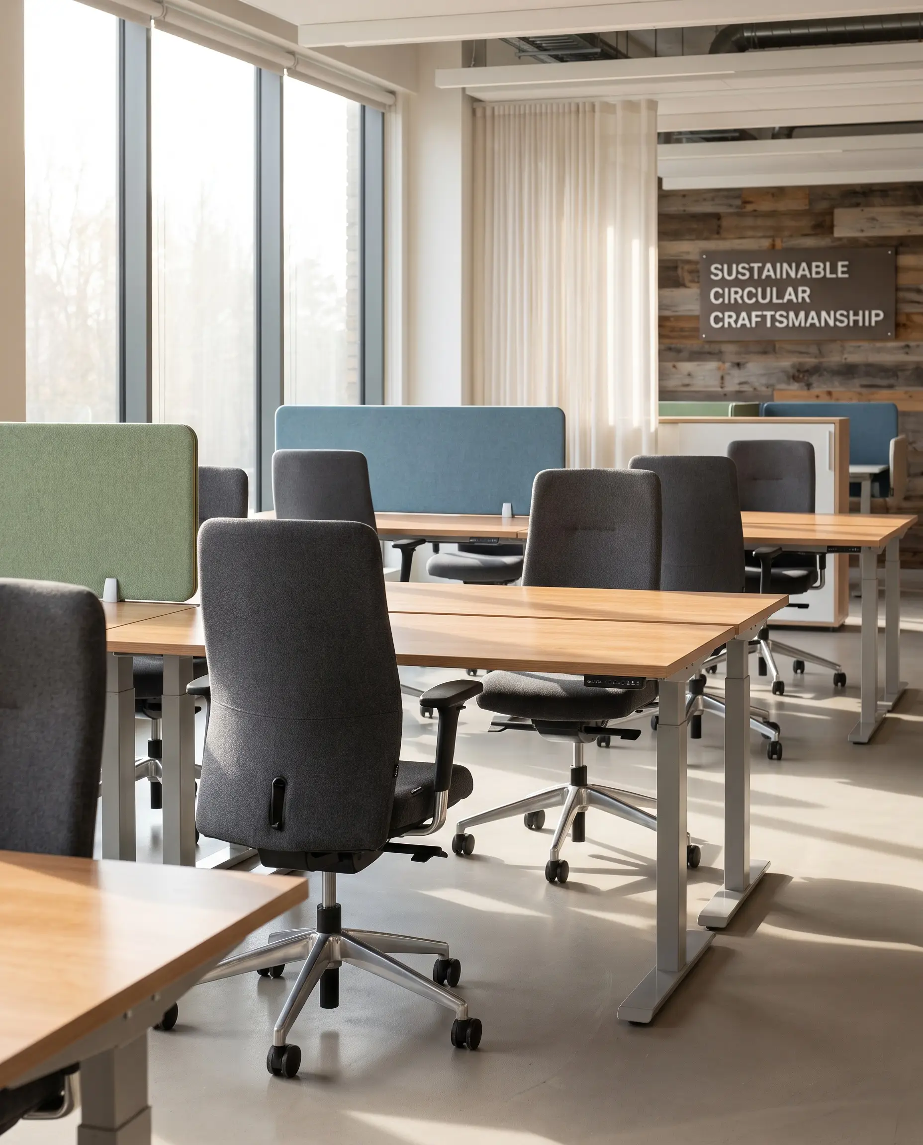 Premium remanufactured ergonomic task chairs with recycled aluminum bases sit at wooden workstations, highlighting sustainable office design trends 2027 with acoustic desk dividers.