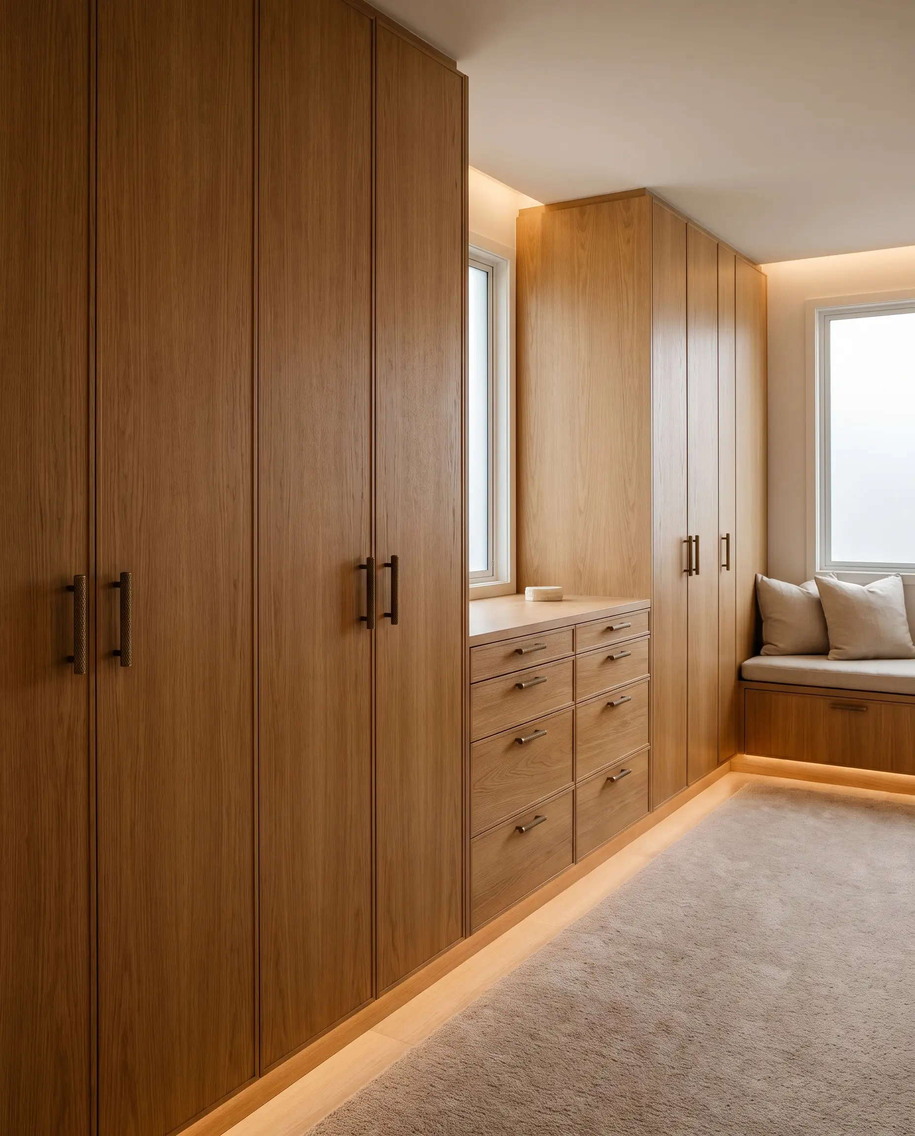 Rift-sawn white oak cabinetry features vertical wood grain on tall solid doors and horizontal grain on drawer banks with matte bronze knurled pulls.