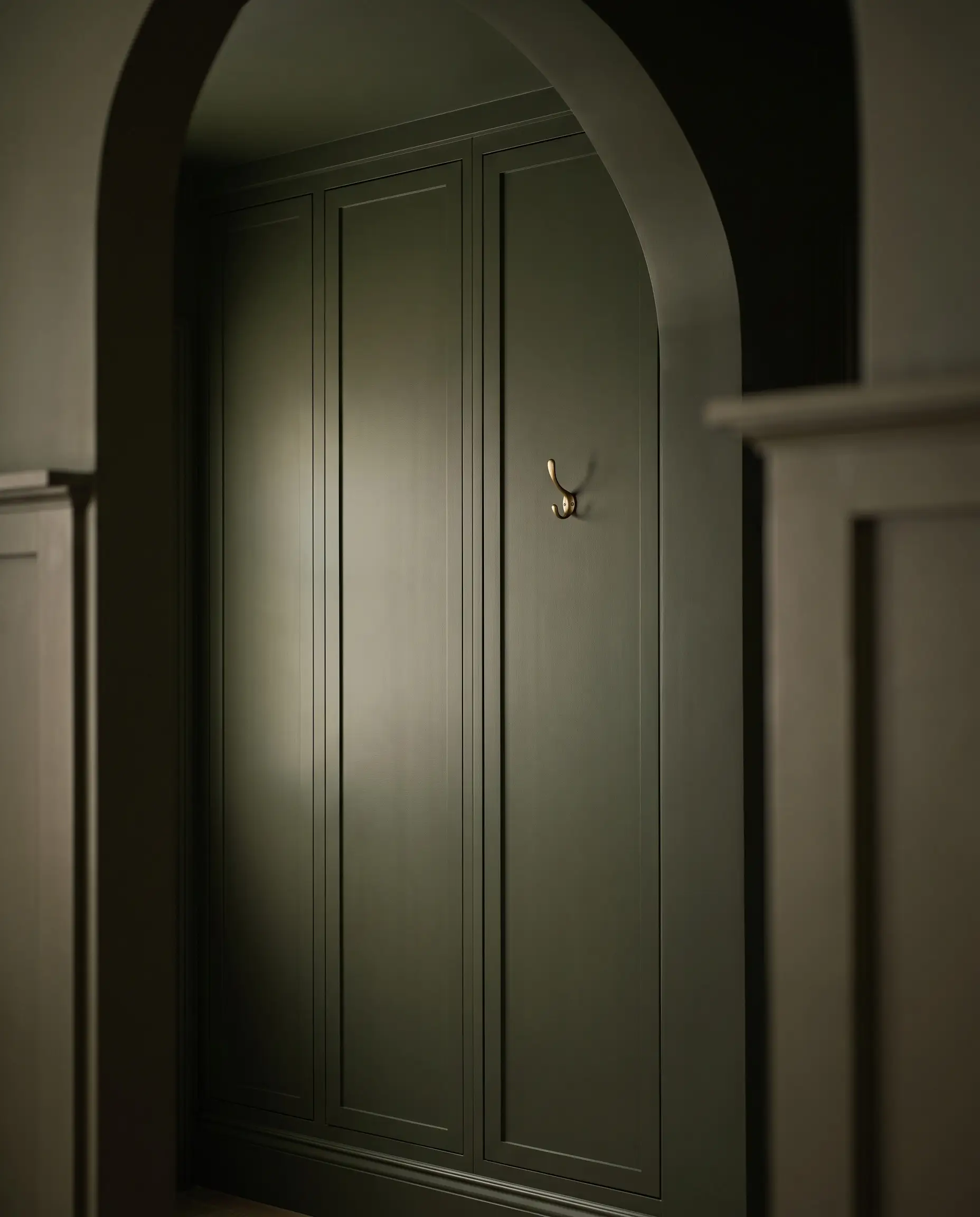 Flat-panel cabinets, walls, and baseboards are painted in saturated Sherwin-Williams Rookwood Dark Green, accented by a single unlacquered brass utility hook.
