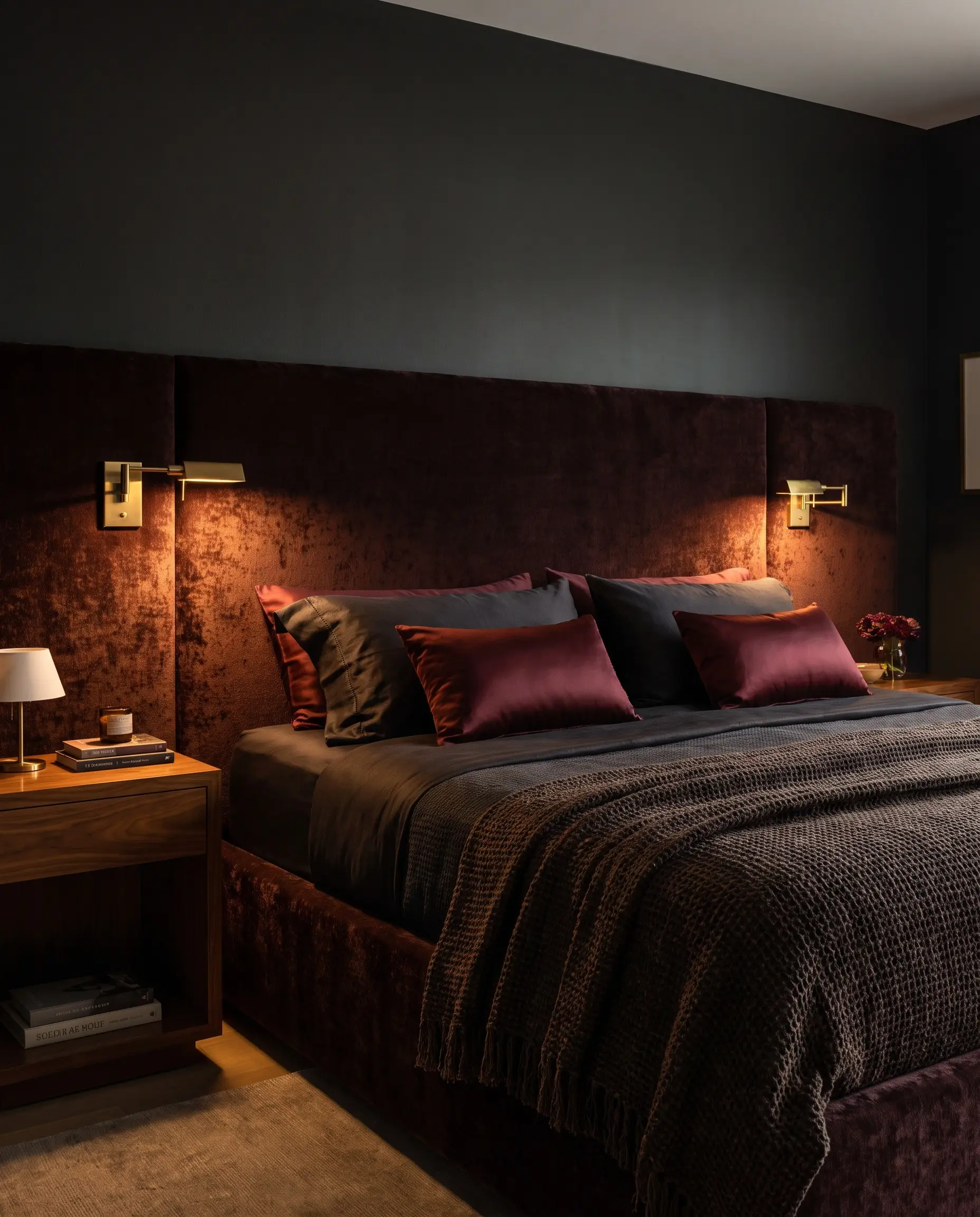 Highlighting 2027 bed frame headboard trends, a bed fully upholstered in Sherwin-Williams Rookwood Dark Red crushed velvet features integrated brass bedside sconces.