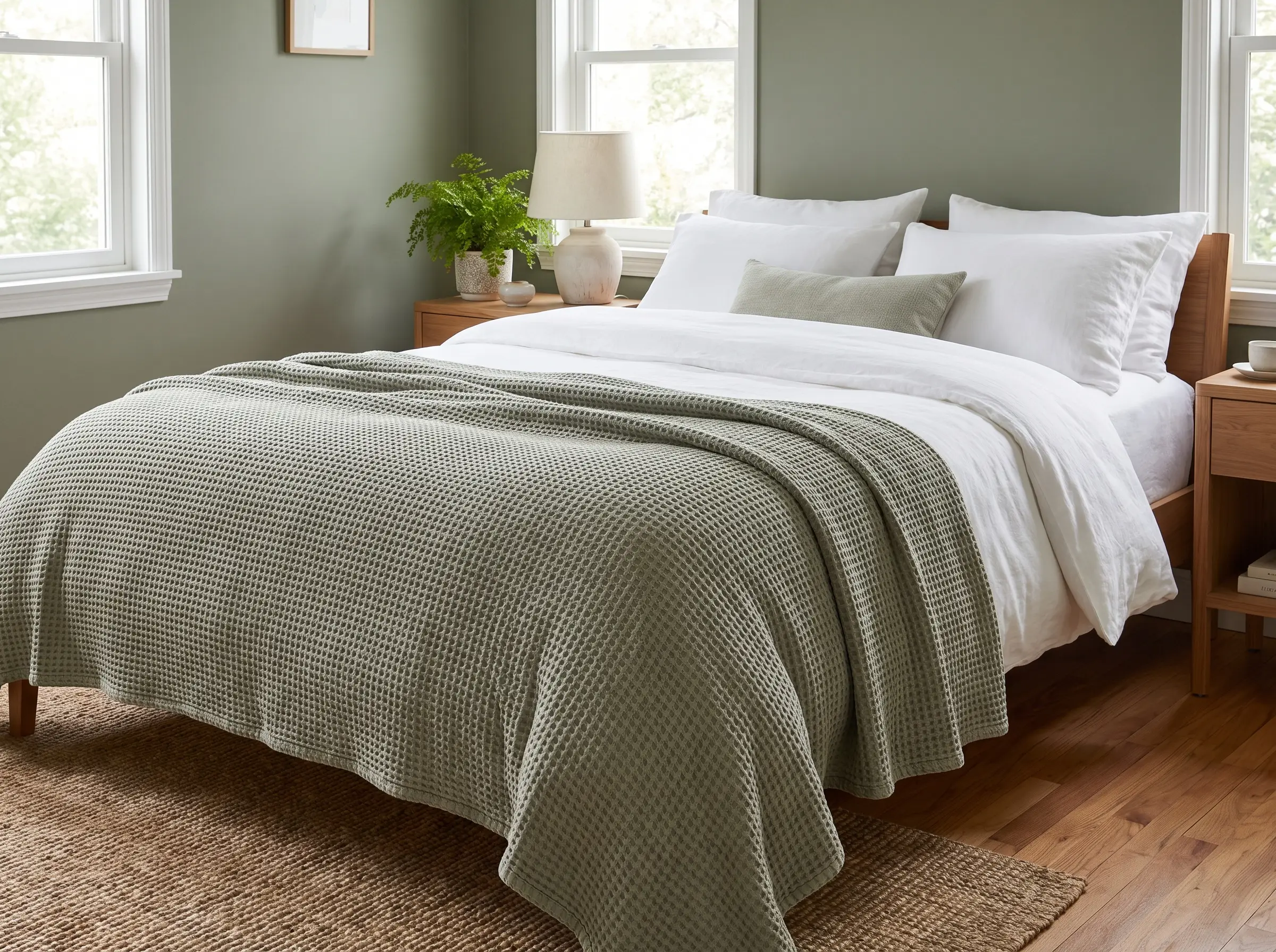Couverture nid d'abeille en coton lourd vert sauge superposée sur du linge blanc devant un mur peint en Evergreen Fog de Sherwin-Williams.
