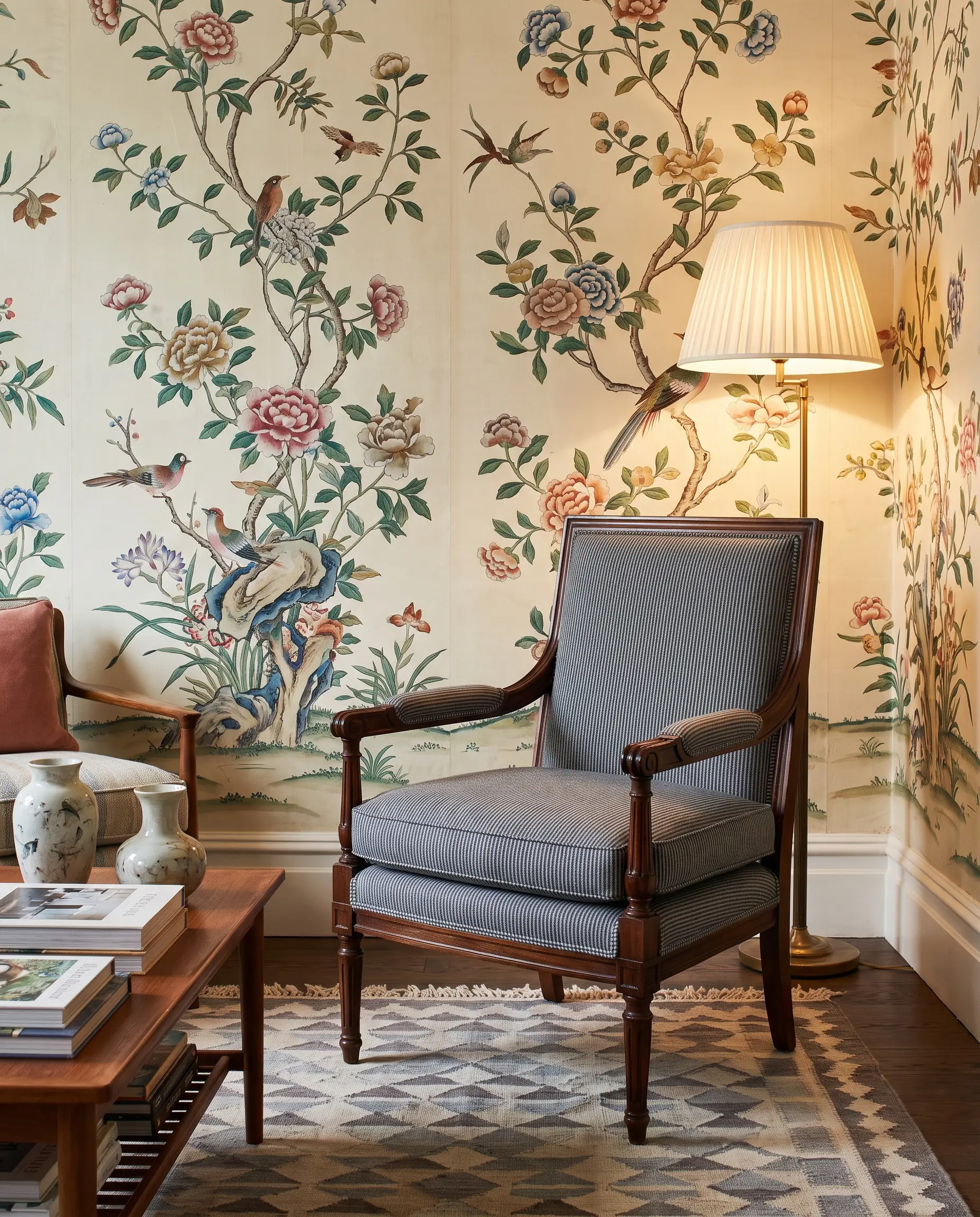 Hand-painted silk Chinoiserie wallpaper with sprawling organic florals surrounds a classic armchair upholstered in worsted wool micro-stripes.