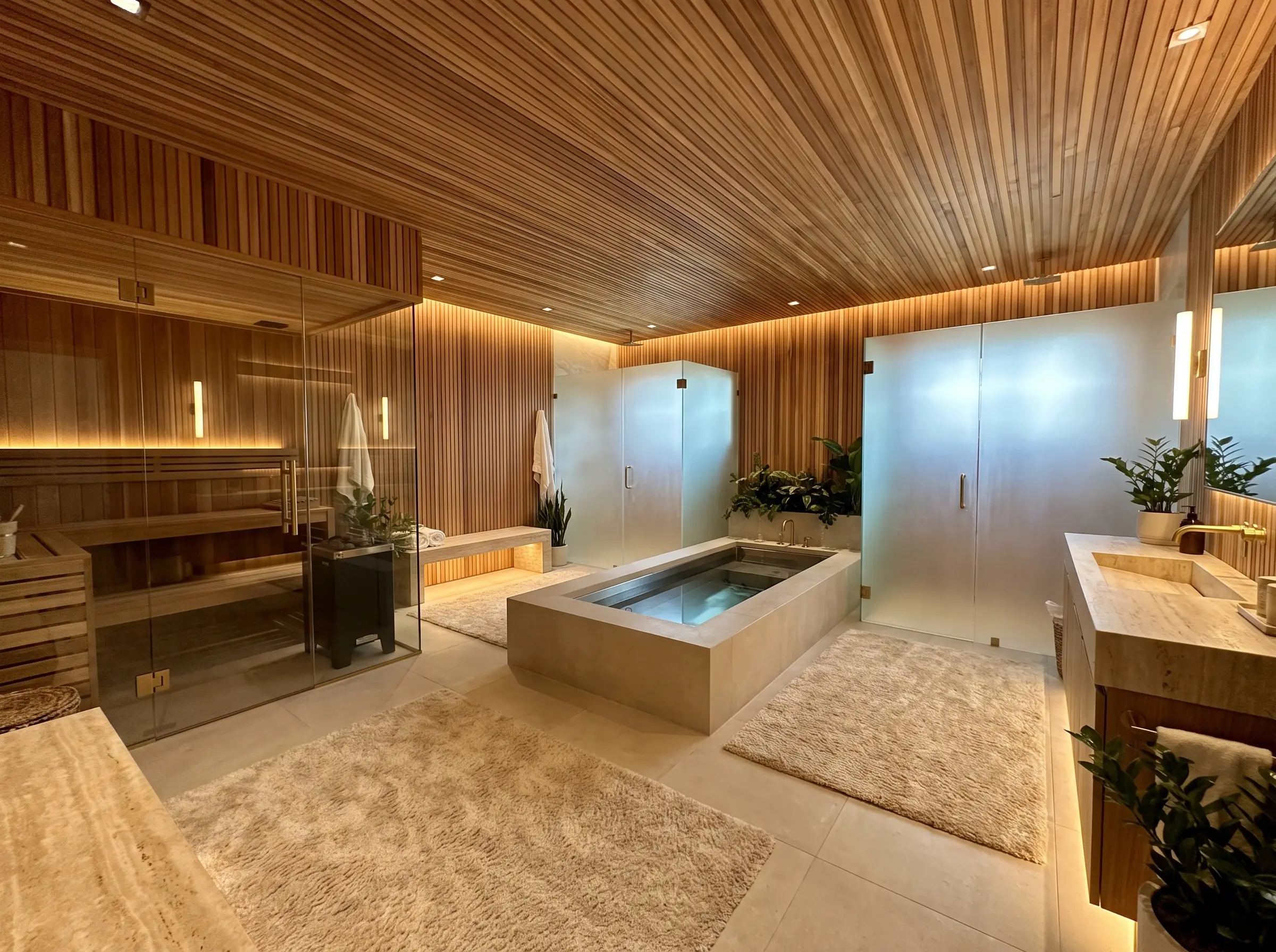 Showcasing what is the next interior design trend, this home wellness sanctuary features slatted cedar walls, a glass-enclosed sauna, and a sleek cold plunge pool over unglazed ceramic tile floors.