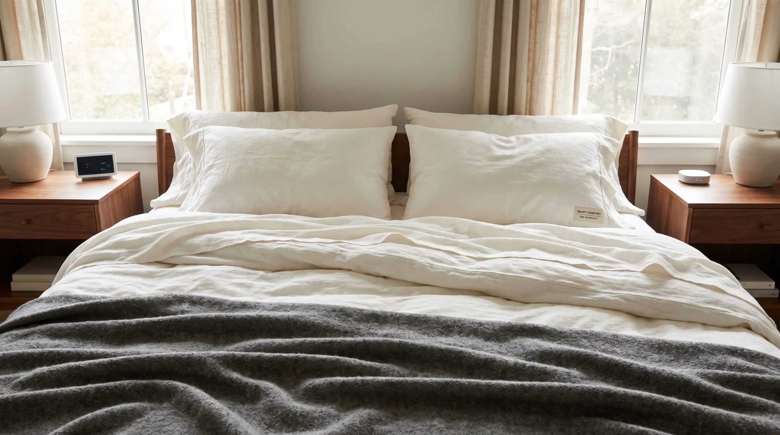 Lit raffiné habillé de draps en coton longues fibres à microcapsules thermorégulatrices et d'une couverture en laine légère.