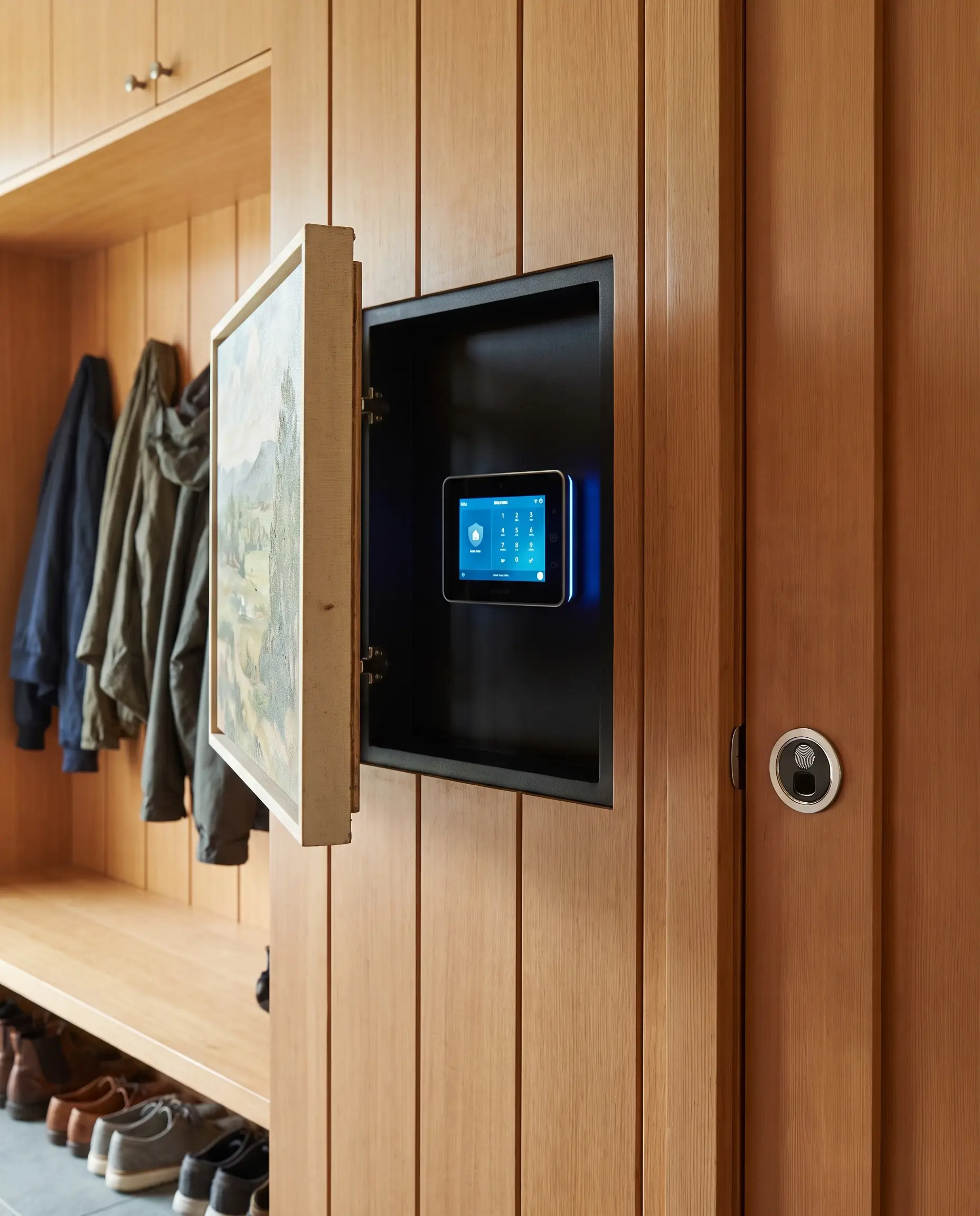 A framed canvas artwork swings open on concealed hinges to reveal a smart home security keypad in these 2027 entryway and mudroom design trends.