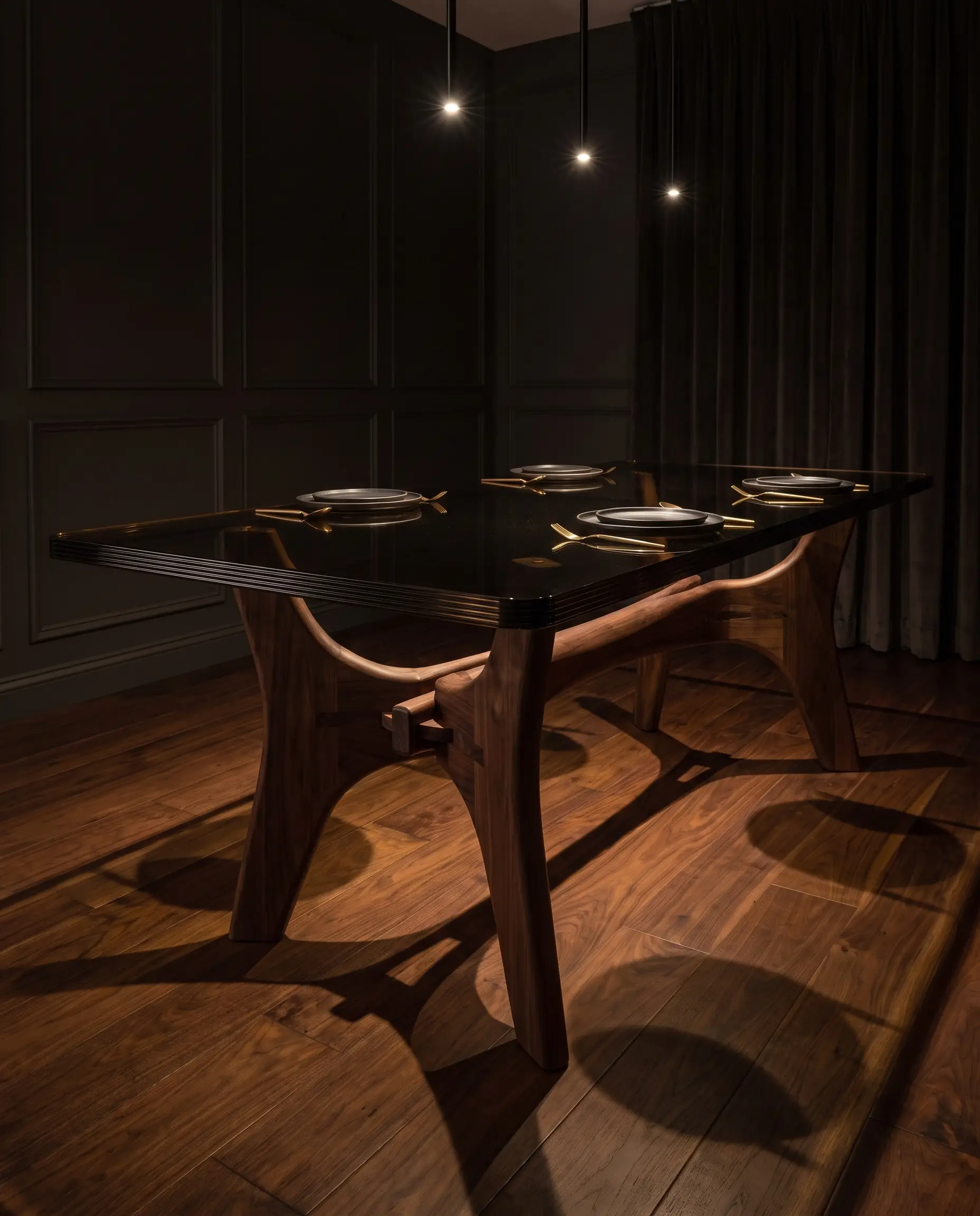 A tempered smoked bronze glass top rests on a highly sculptural carved wood base featuring thick cast-ribbed glass and flawless joinery.