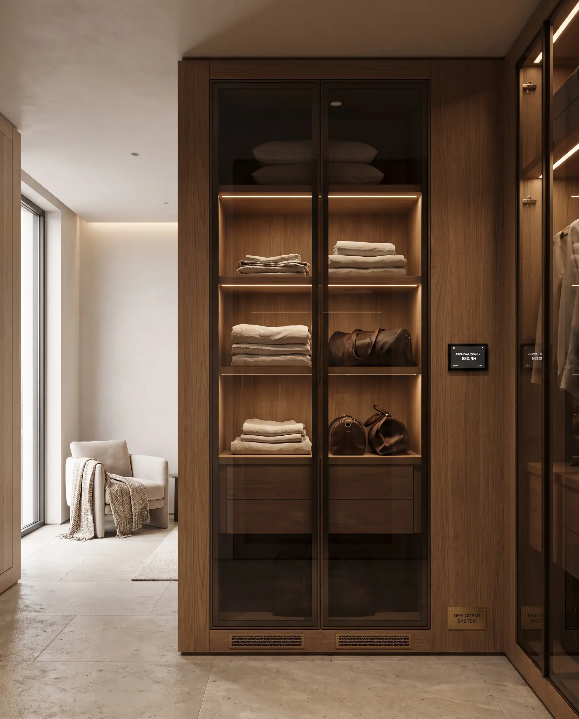 Sleek smoked glass doors enclose a climate-controlled zone featuring subtle micro-ventilation grilles and a localized desiccant system for preserving exotic leather goods.