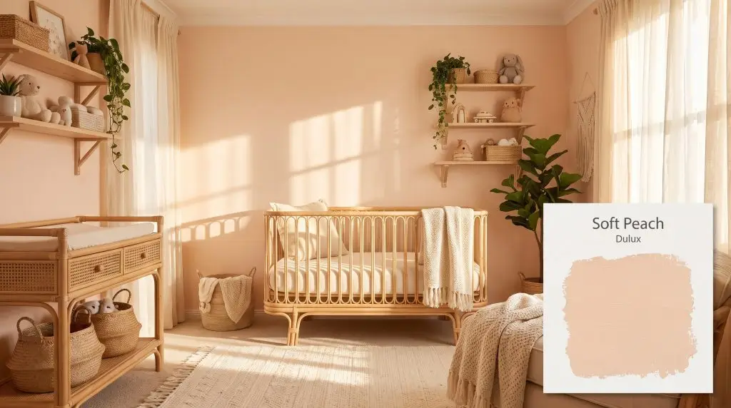 Light rattan furniture and natural wood shelving sit gracefully within a cozy nursery enveloped by Dulux Soft Peach (Hex #F6D9BE) walls.