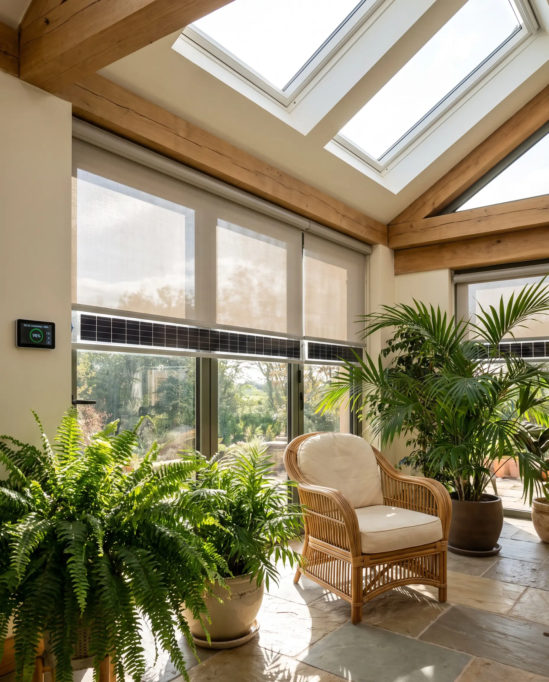 Micro-pannelli fotovoltaici integrati nel cassonetto per alimentare una tenda a rullo solare in una veranda luminosa.