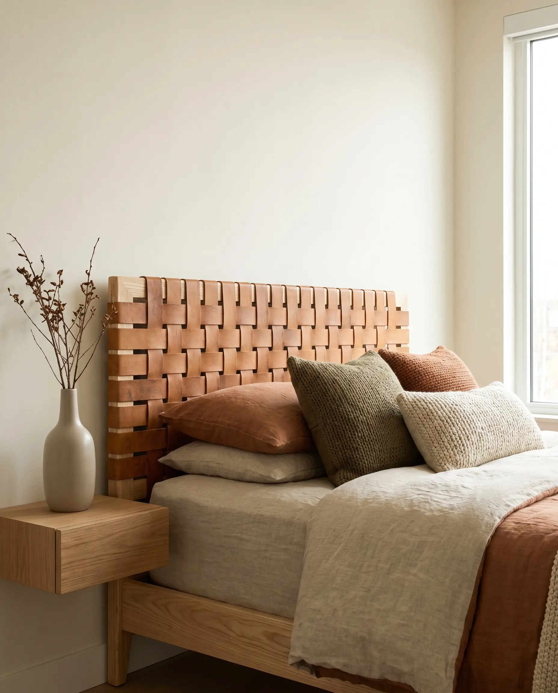 Thick vegetable-tanned saddle leather strapping is suspended across a solid ash wood headboard, set against creamy Benjamin Moore Swiss Coffee painted walls.