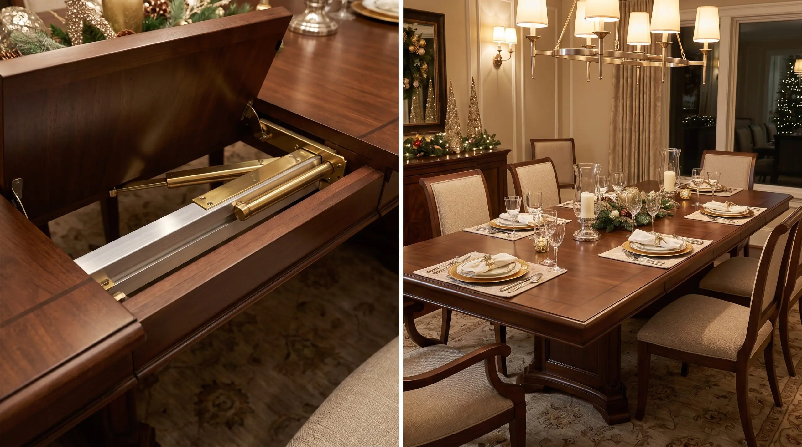 A luxury dining table features a solid brass and extruded aluminum cantilevered slide mechanism with self-storing butterfly leaves extending from a slim apron.