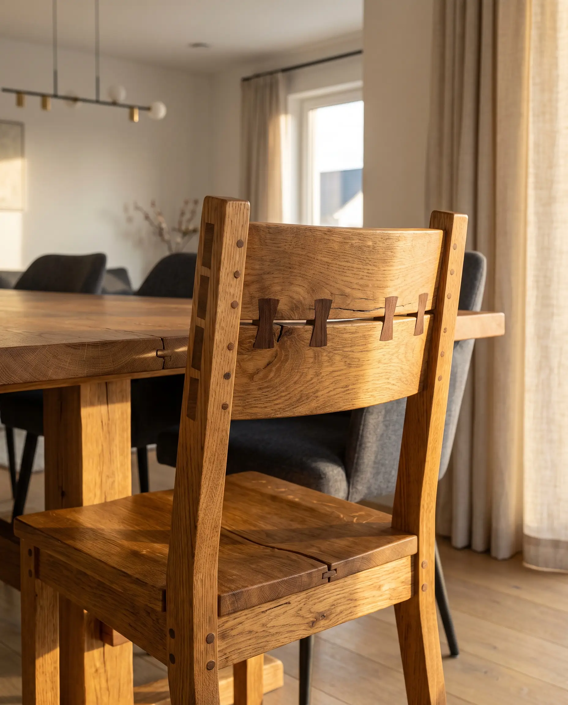 Sedia da pranzo di alto artigianato in legno massello con incastri a coda di rondine, inserti a farfalla e tenoni a vista, abbinata a un tavolo in rovere massello.