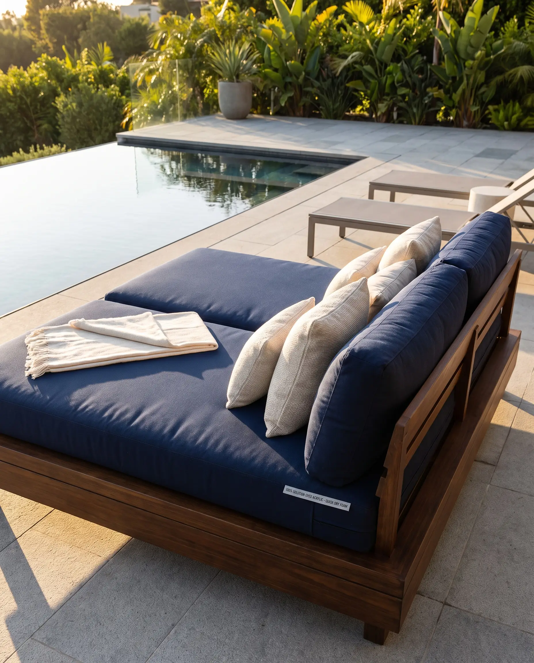 Daybed a bordo piscina con cuscini blu navy in acrilico tinto in massa e imbottitura in poliuretano espanso drenante Quick-Dry a celle aperte.