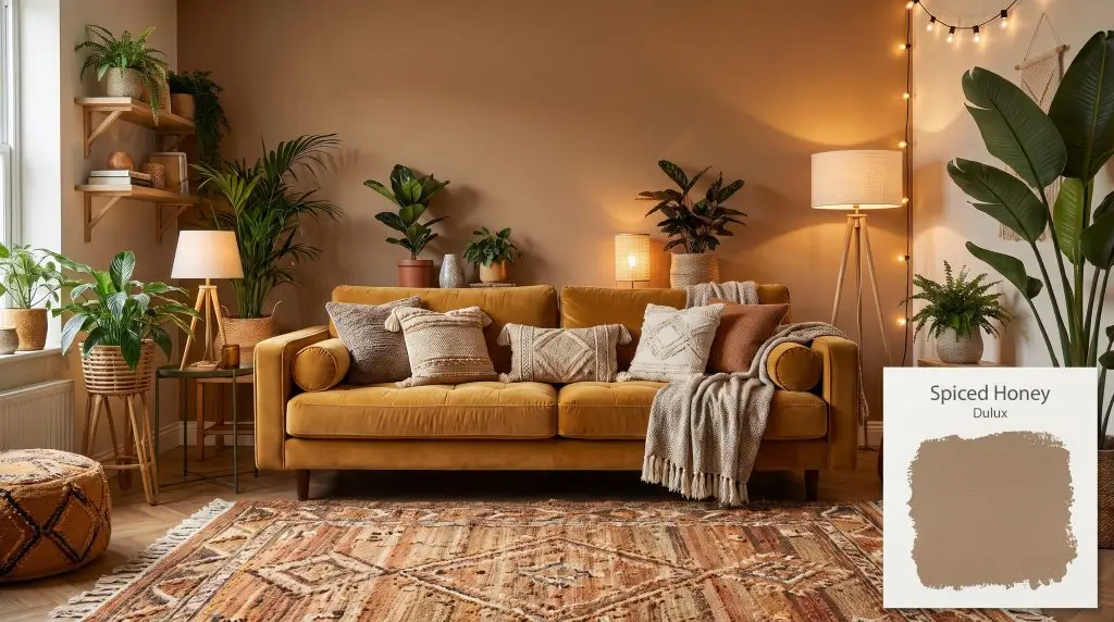 Lush green houseplants surround a mustard velvet sofa resting against a rich amber accent wall painted in Dulux Spiced Honey (Hex #A38061).