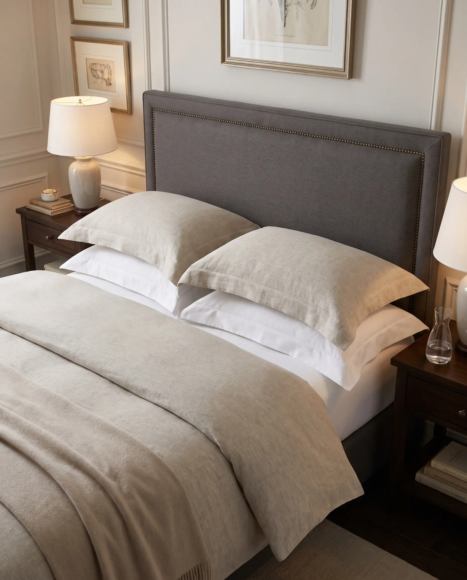 Oreillers en lin lourd et percale de coton à volants plats rigoureusement amidonnés appuyés contre une tête de lit sur mesure.
