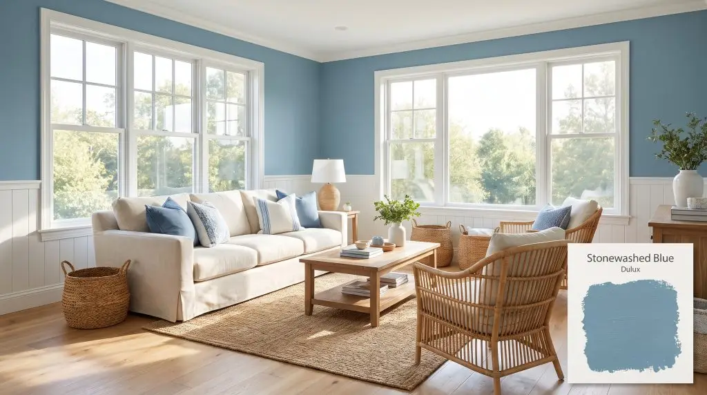 A bright living room featuring a cream linen sofa and white wainscoting against Dulux Stonewashed Blue (Hex #6794A5) walls.