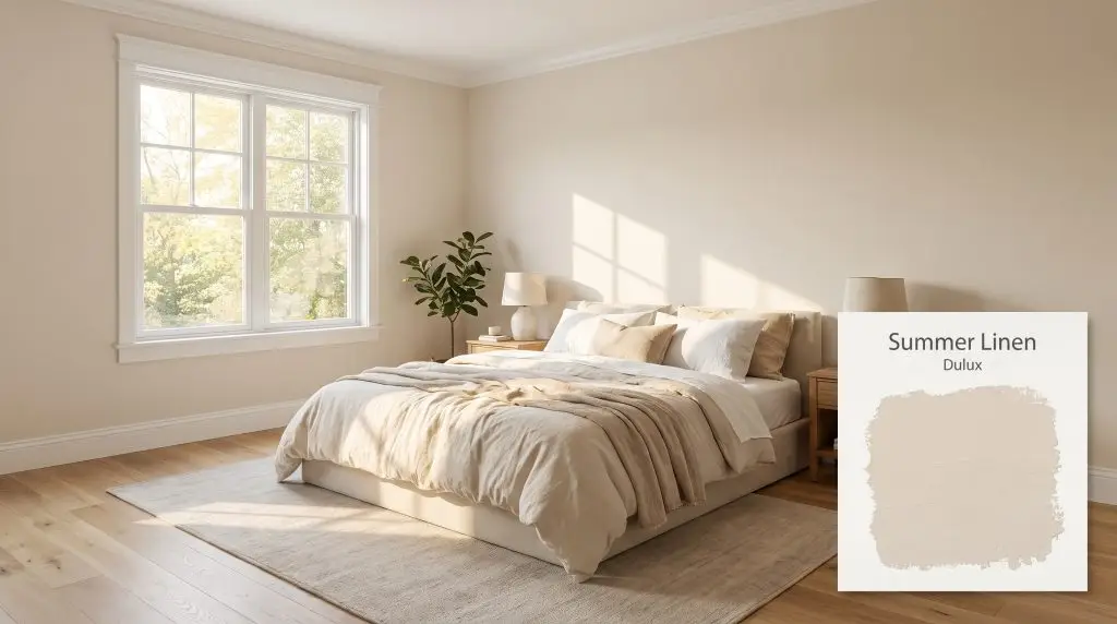 Crisp white trim and light oak floors frame bedroom walls coated in Dulux Summer Linen (Hex #EAE3D7) alongside soft linen bedding.