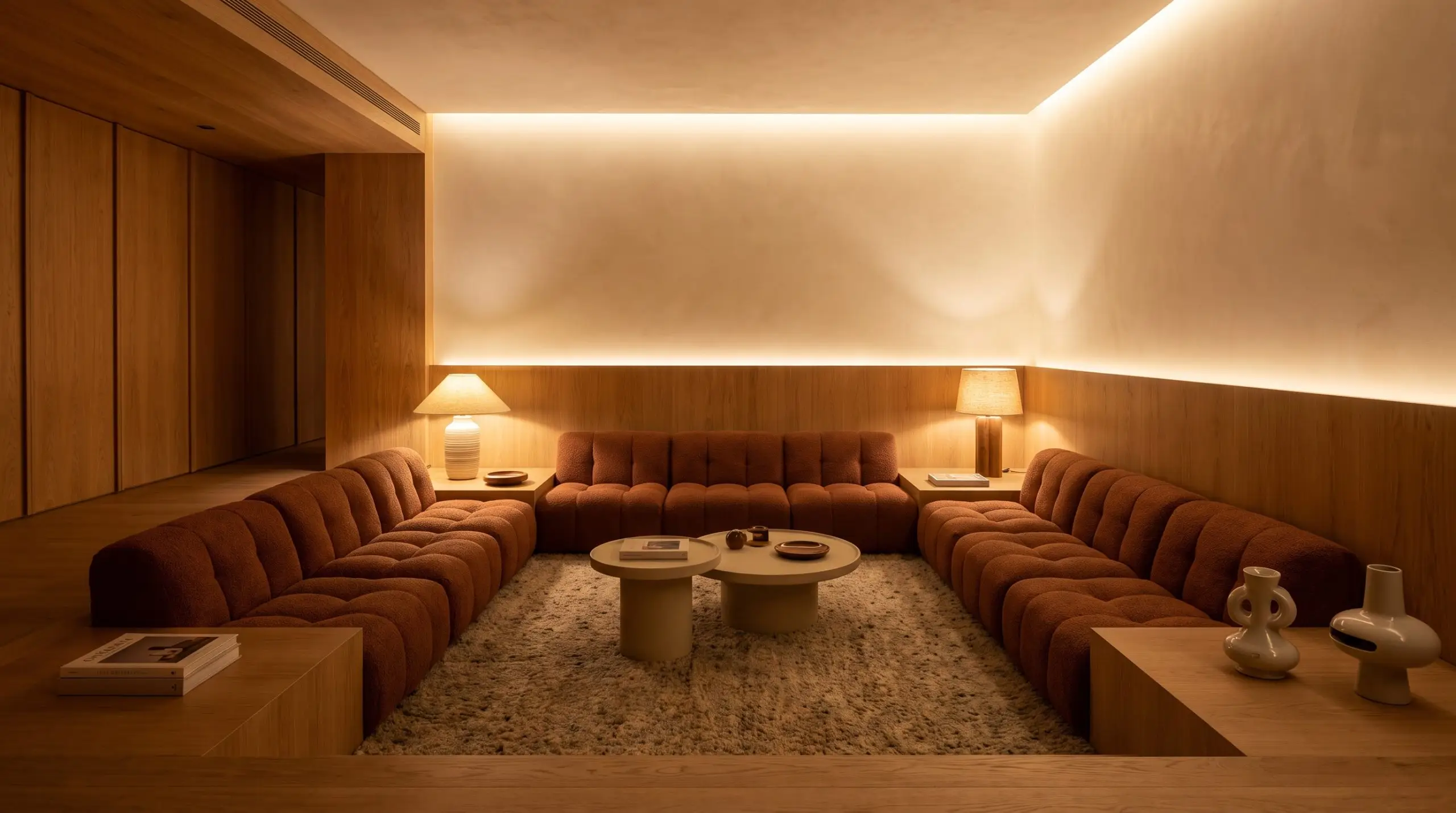 An ultra-low-profile modular conversation pit with a textured low-pile rug showcases modern living room design trends surrounded by warm wood tones and plaster walls.