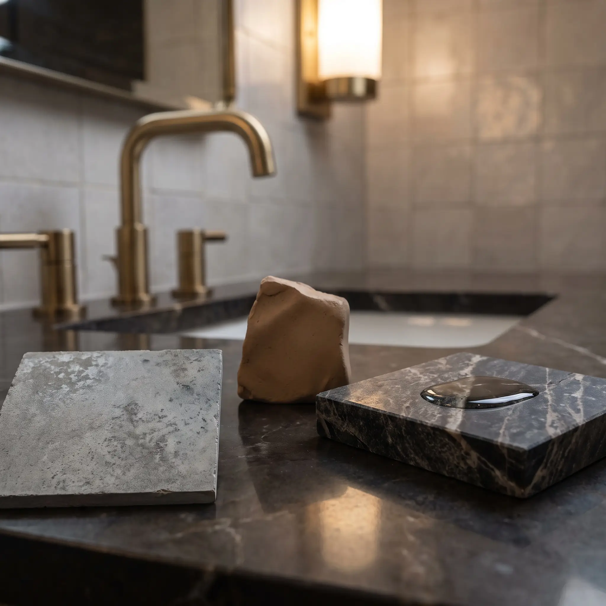 A curated architectural flatlay on a sleek vanity countertop displays physical swatches of mottled microcement, authentic Tadelakt plaster, and heavily veined sintered stone.