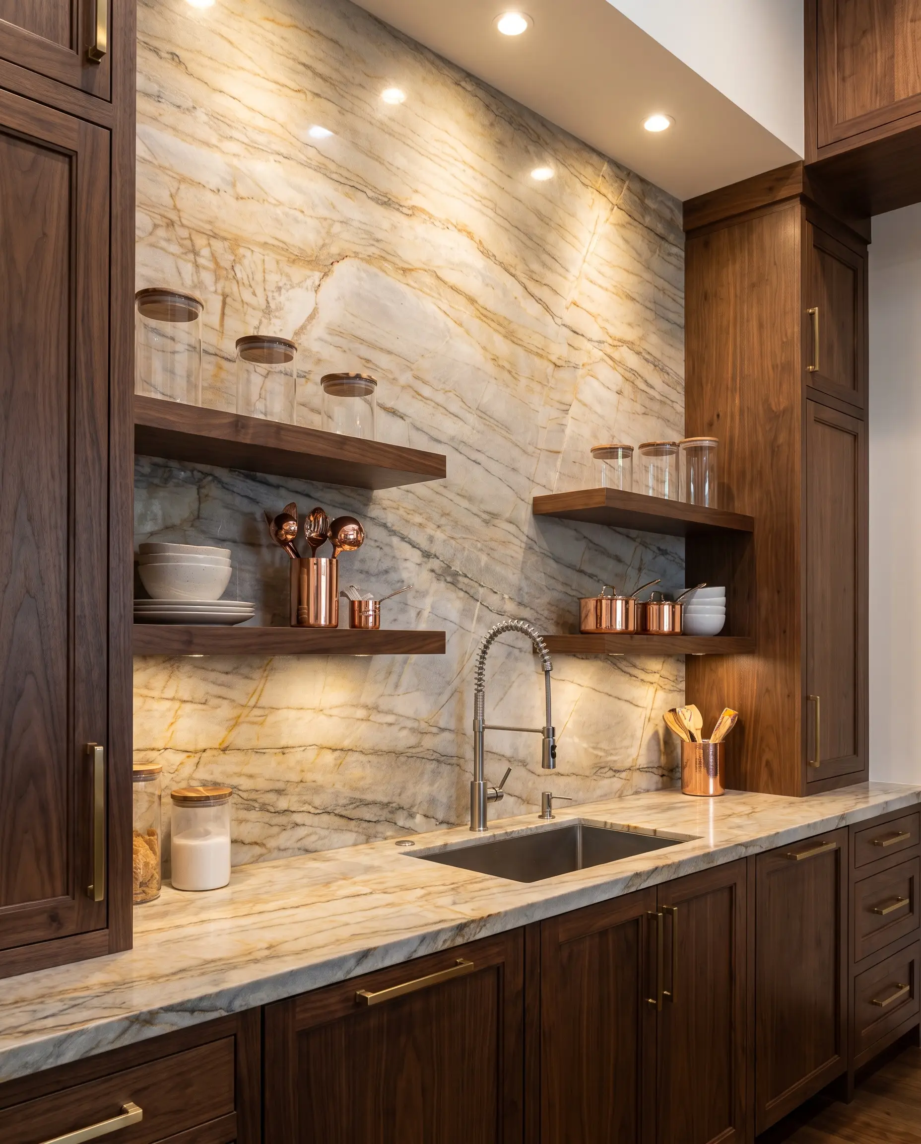 Heavily veined Taj Mahal quartzite runs continuously from the countertop to the ceiling behind floating open shelving styled with glass jars and framed by bespoke cabinetry.