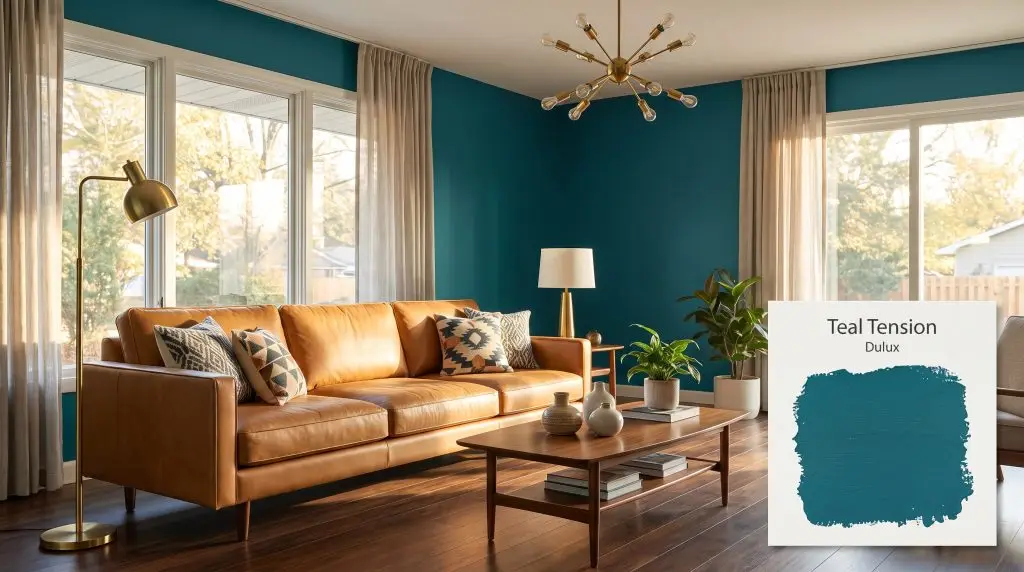 A tan leather sofa and brass light fixtures anchor a mid-century living room featuring dark walnut floors and Dulux Teal Tension (Hex #136777) walls.