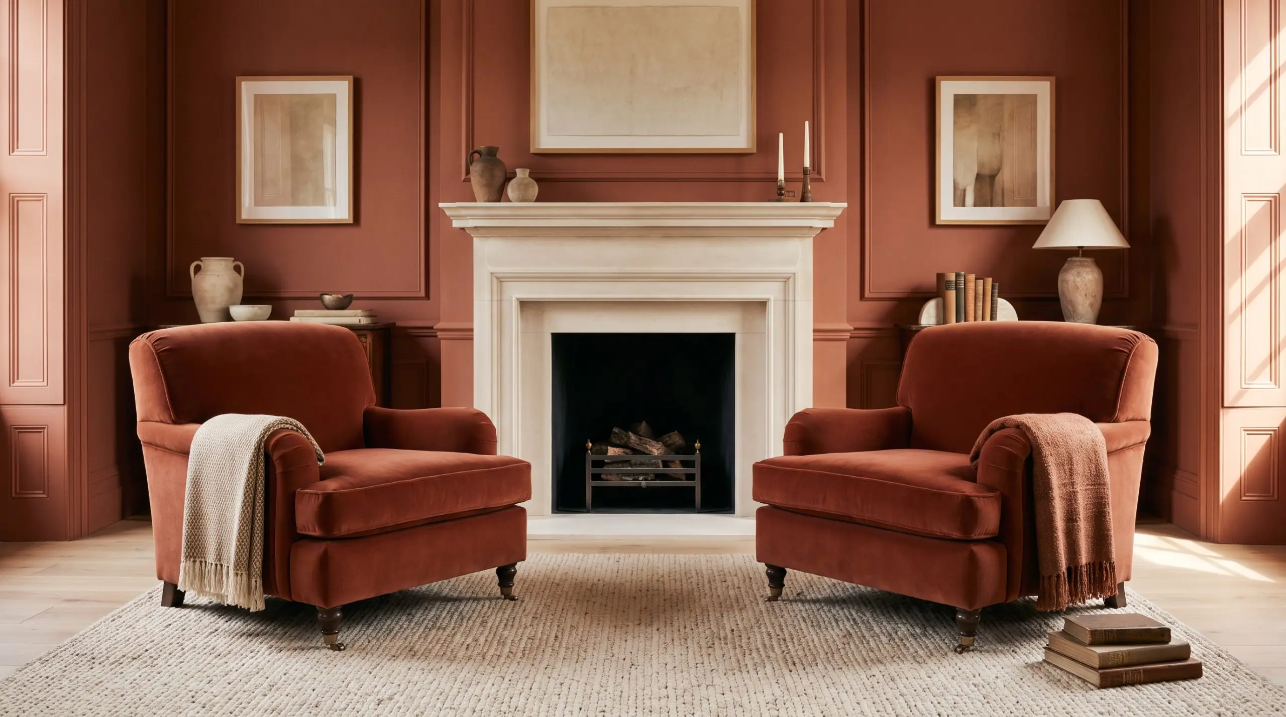 Fauteuils en velours de coton lourd terracotta contrastant avec des murs peints en teinte Red Earth de Farrow & Ball et un parquet en chêne clair.
