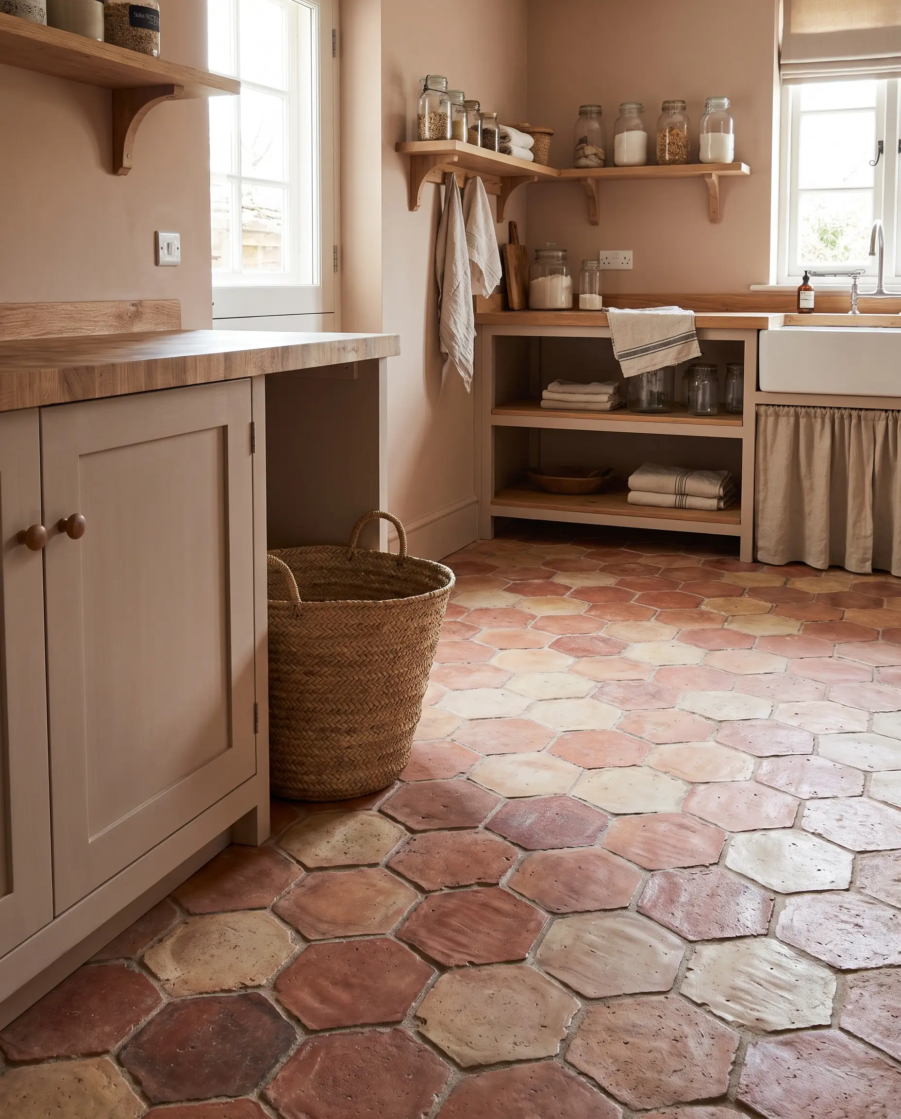 Pianelle esagonali in cotto naturale non smaltato fanno da base a basi color fungo, piano di lavoro massiccio e pareti nella nuance Setting Plaster di Farrow & Ball.