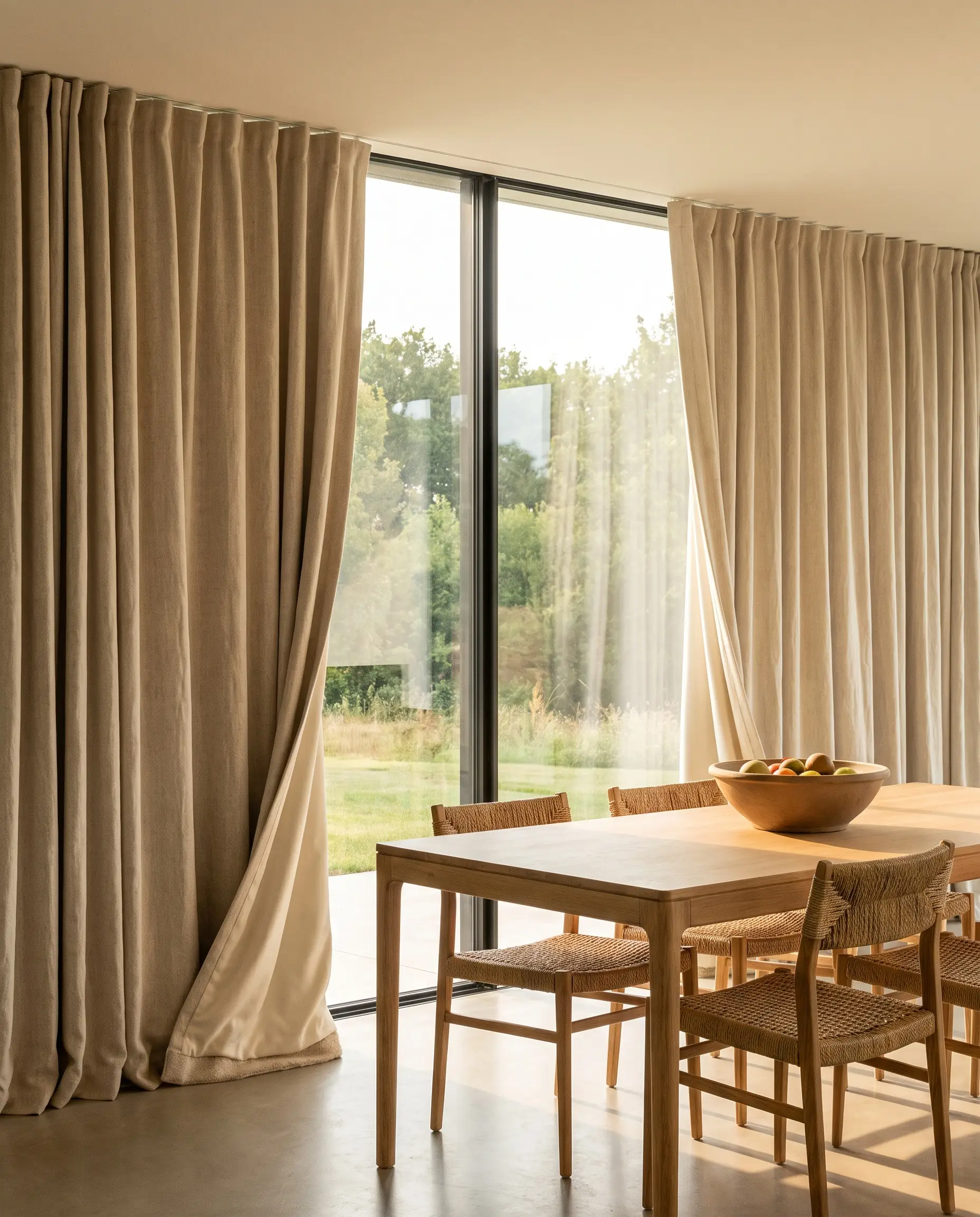 Tenda sartoriale a tre strati in lino belga con interfodera termica dietro una sala da pranzo minimalista.