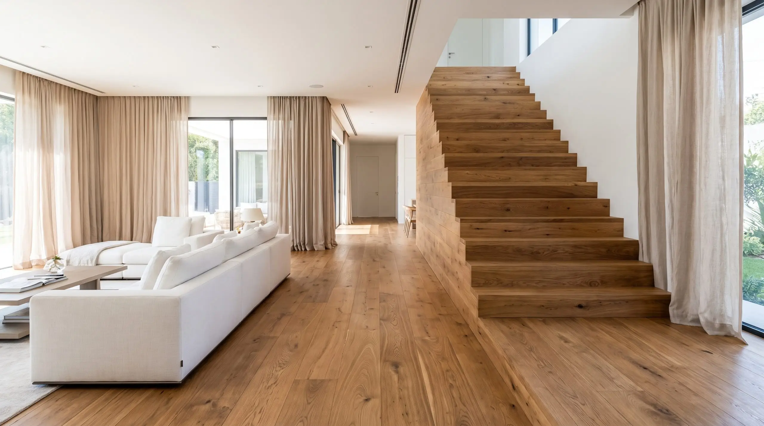 Custom-stained oak stair treads perfectly match adjoining wide-plank hardwood floors in an open-concept living space featuring a plush minimalist white sectional sofa.