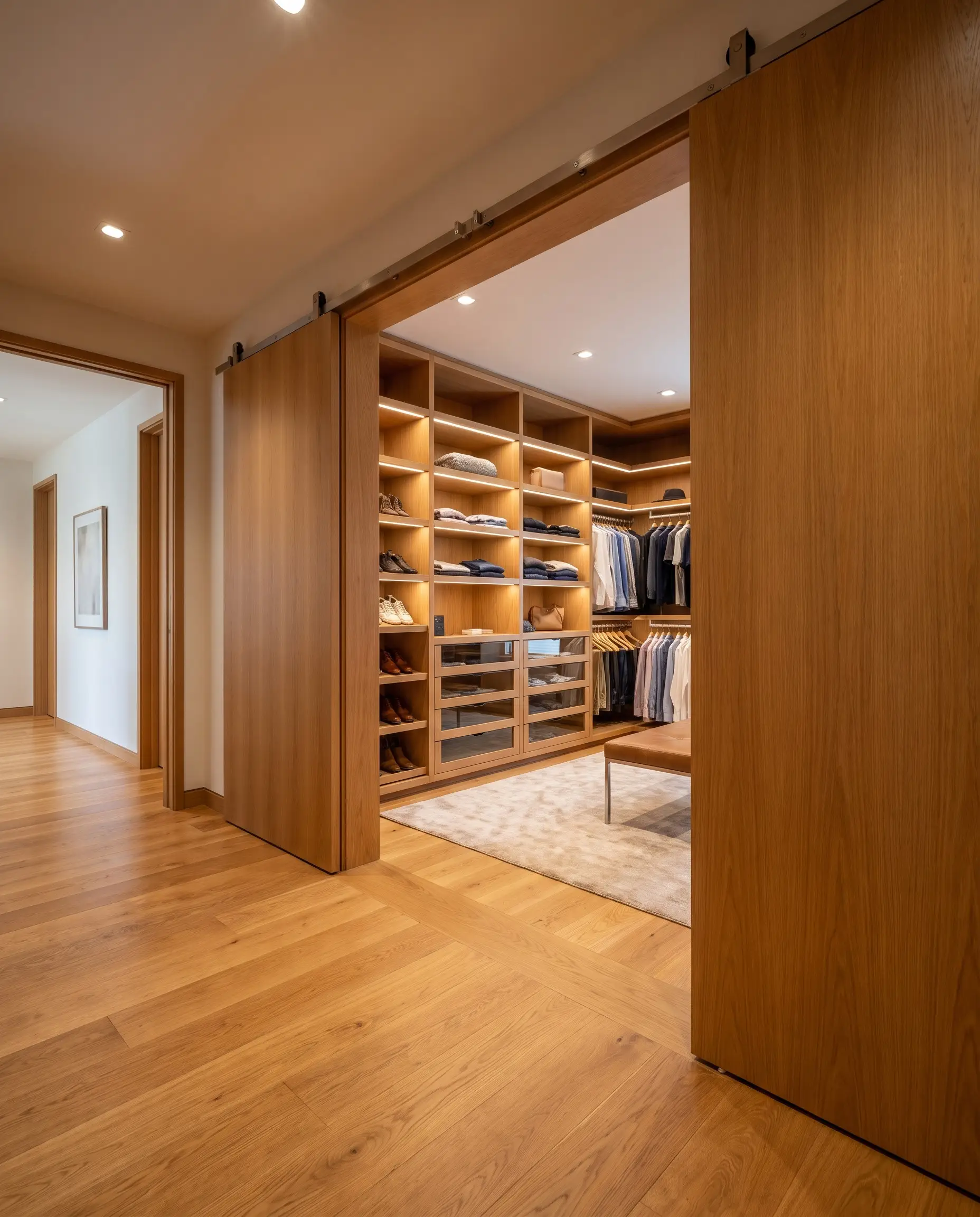 Continuous rift-sawn oak hardwood flooring flows beneath heavy-duty concealed top-mount carriage rollers supporting sleek sliding architectural doors.