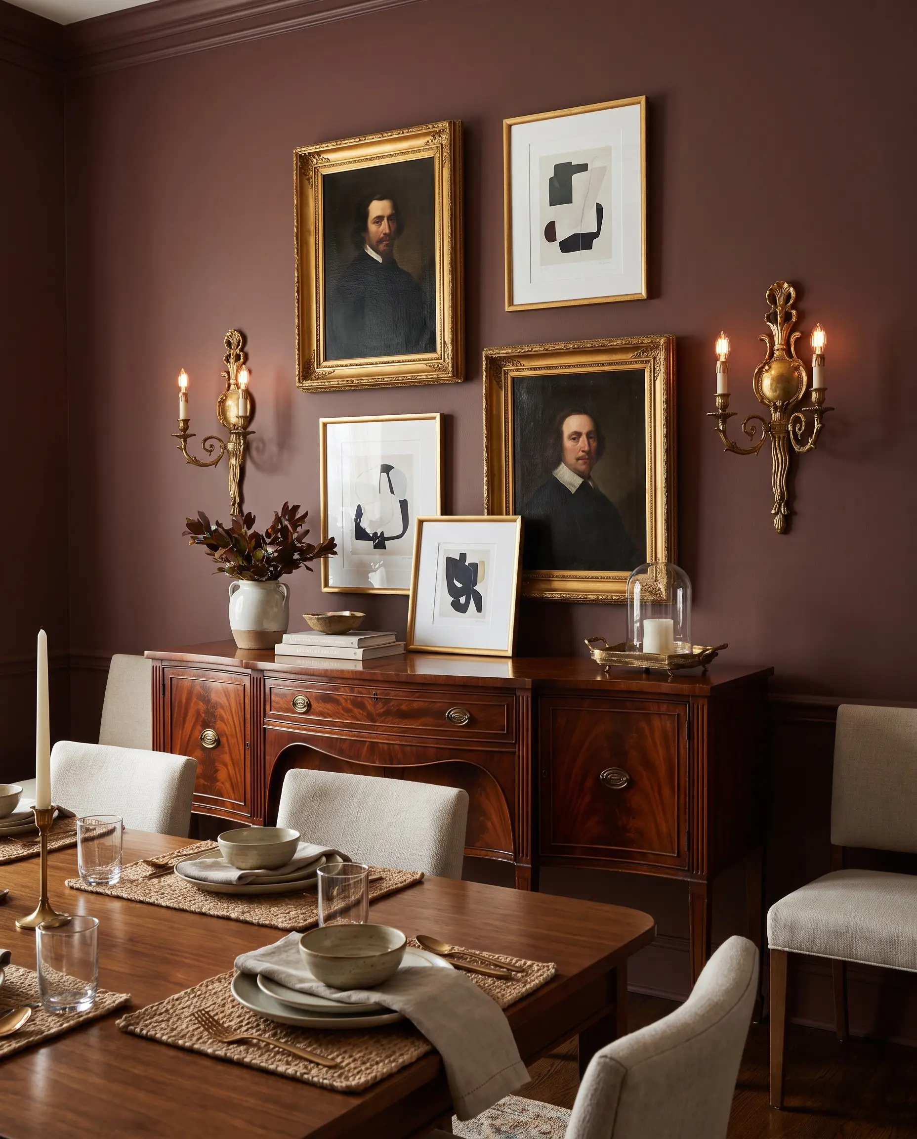 Townsend Harbor Brown walls highlight a polished mahogany sideboard and unlacquered brass wall sconces reflecting 2027 maximalism and eclectic interior trends.