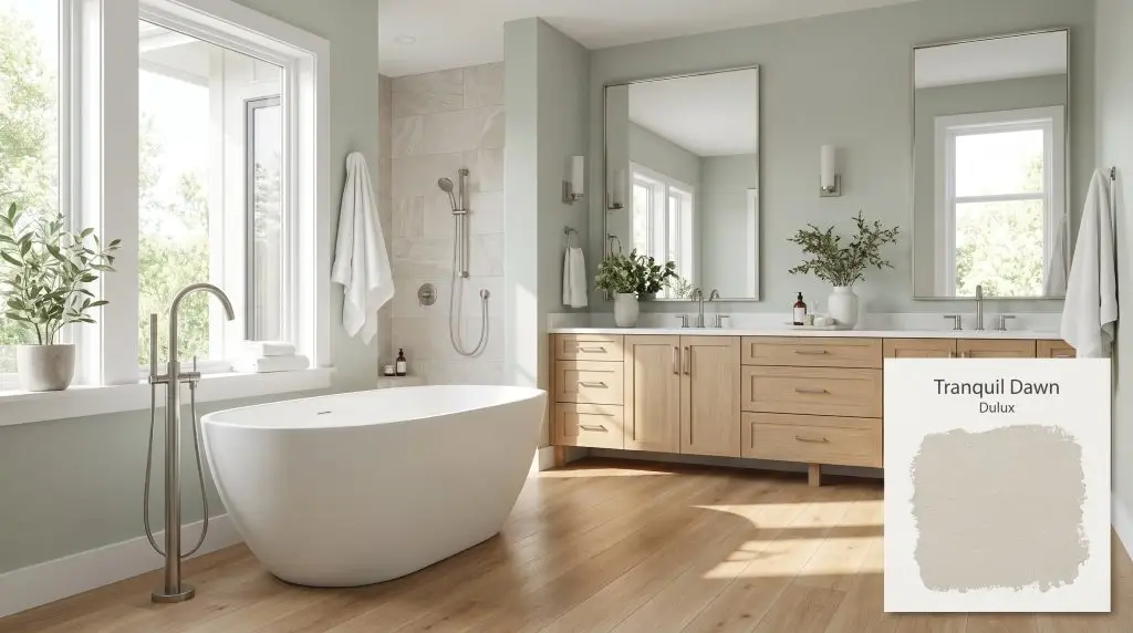 A matte white freestanding tub and light oak vanity furnish a spa-like bathroom featuring walls coated in Dulux Tranquil Dawn (Hex #BDC3B9).