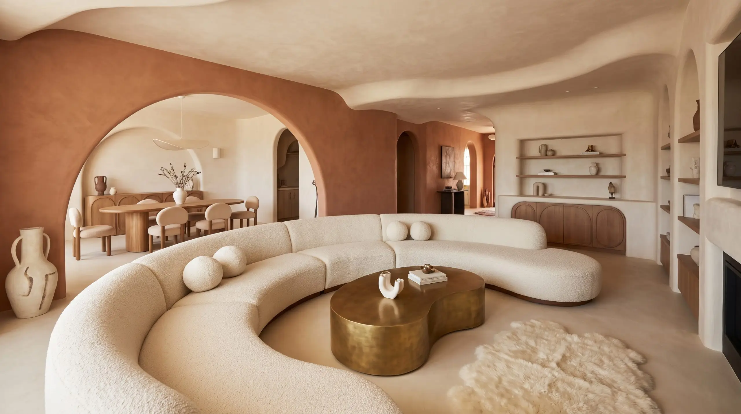 Trendy interior design styles 2027 highlight a sweeping biomorphic crescent-shaped sofa encircling a kidney-shaped unlacquered brass coffee table against hand-troweled plaster walls.