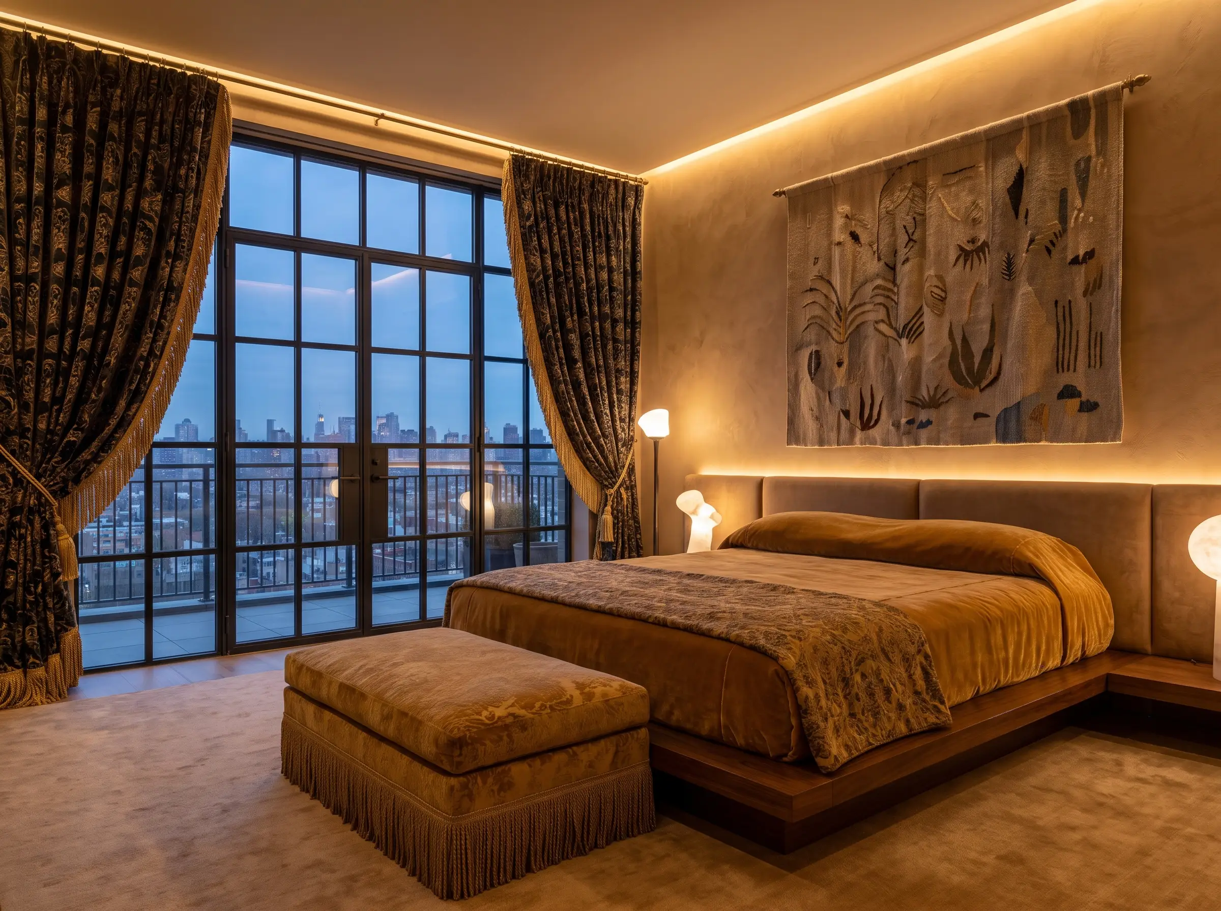 Heavy tapestry-grade lined drapery with bullion fringe trims frames large windows in a luxurious primary bedroom featuring a woven wall tapestry and hand-troweled silt walls.