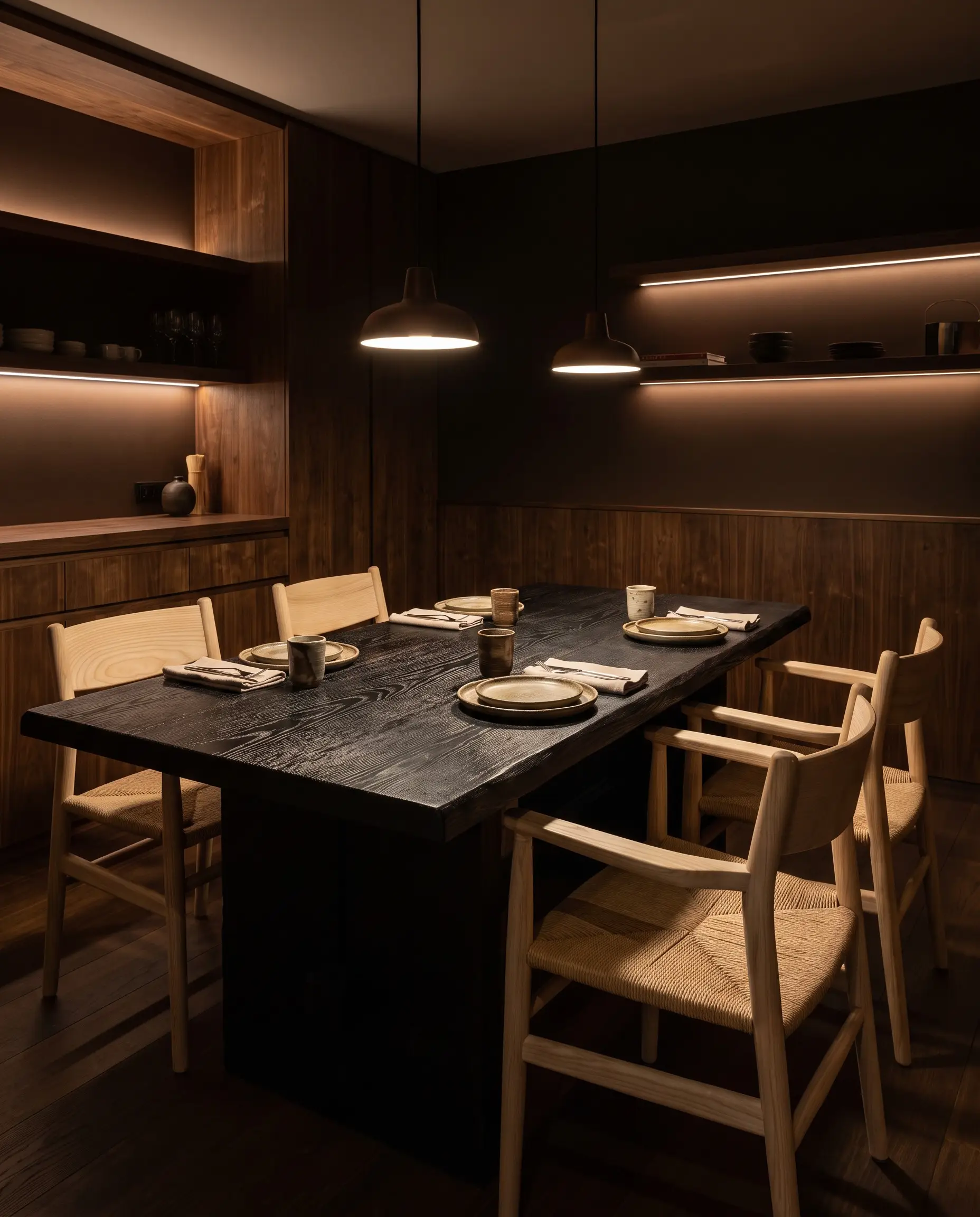 A highly tactile ebonized oak dining table painted in Tricorn Black contrasts with raw ash and woven paper cord chairs.