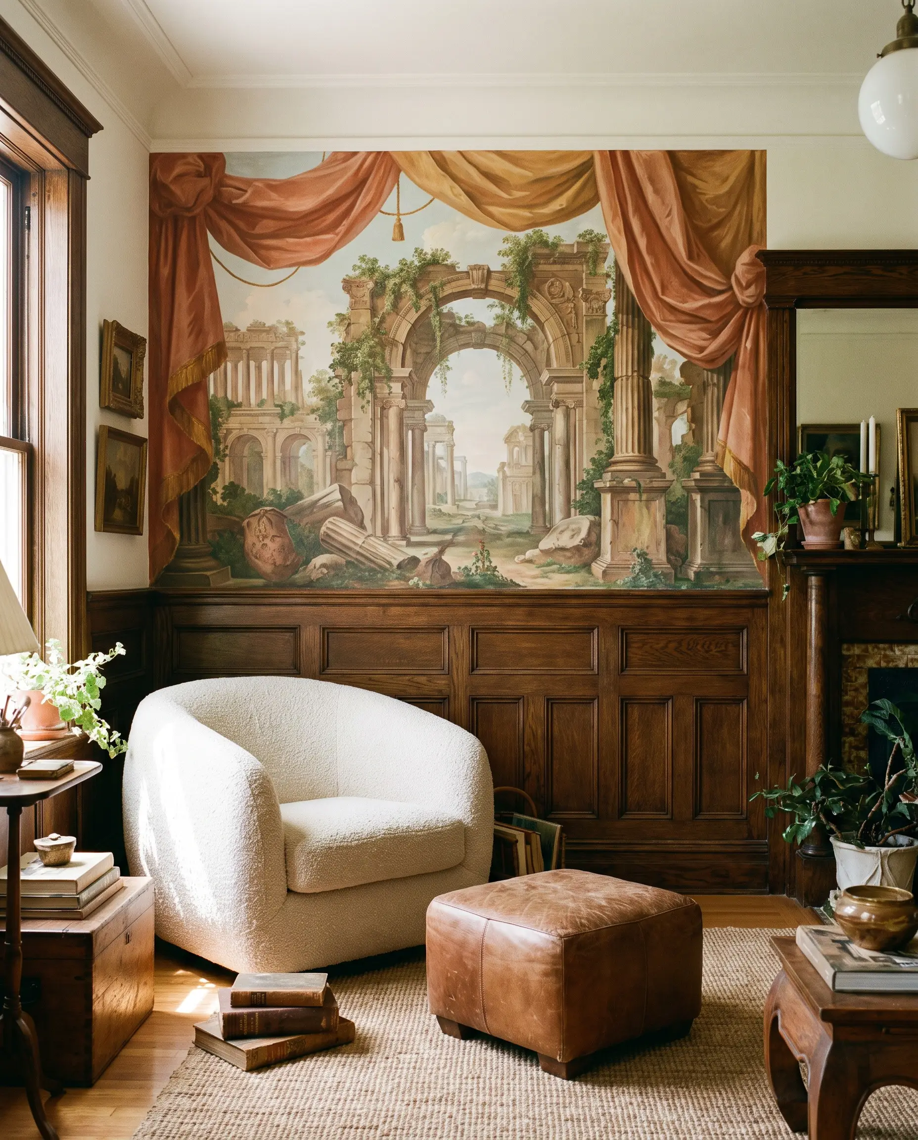 A scenic trompe l'oeil wall mural depicting classical ruins sits above heavy solid wood wainscoting behind a plush contemporary bouclé chair.