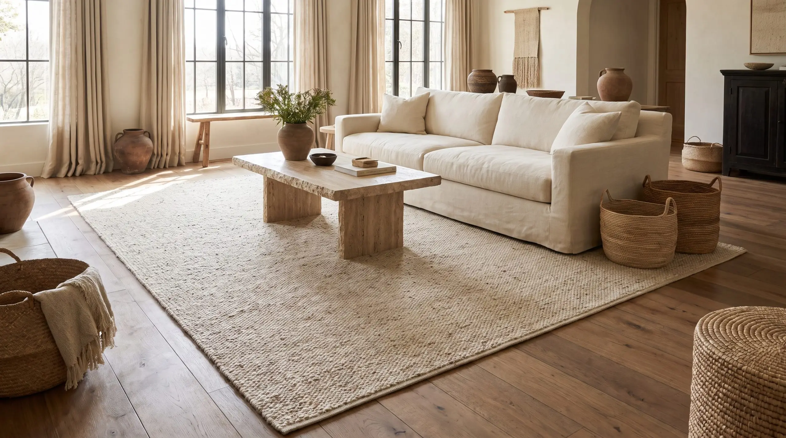 Grand tapis en mélange de laine écrue et de jute ancrant un salon doté d'un canapé en lin lourd, reflétant les tendances textiles organiques.
