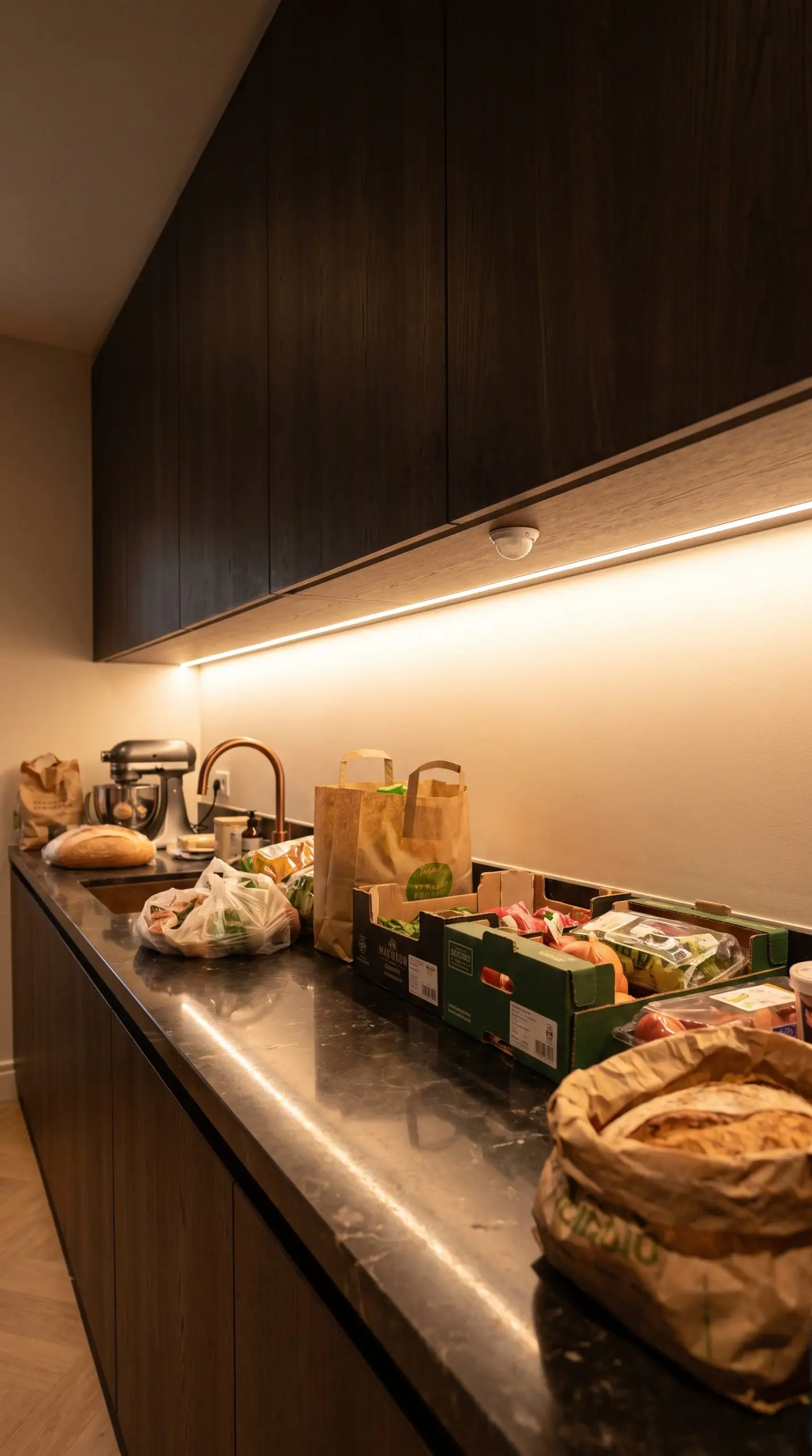 Continuous motion-activated under-cabinet LED tape lighting diffuses through frosted aluminum channels to illuminate polished stone counters loaded with heavy groceries below bespoke cabinetry.