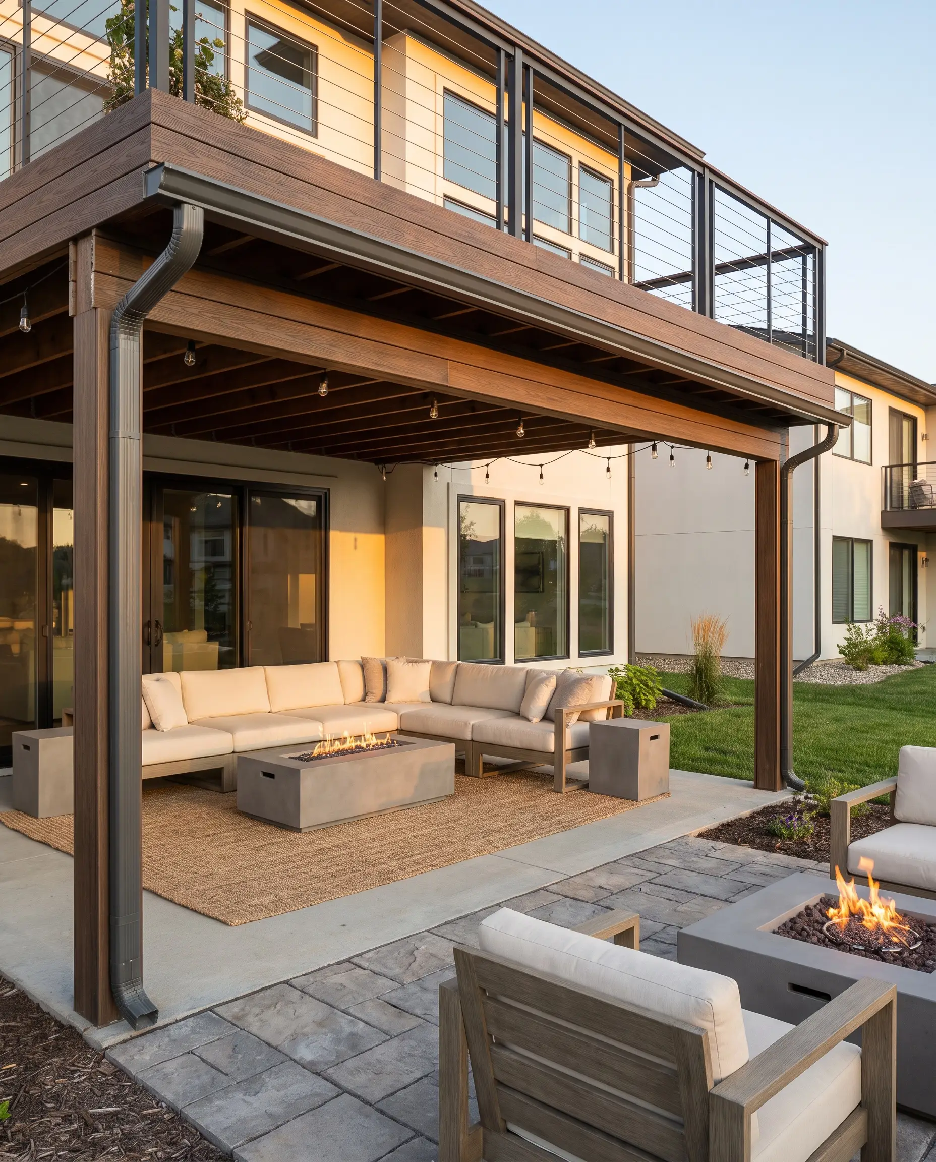 Sistema di drenaggio sottostante al deck che ripara un salotto outdoor con divani imbottiti, braciere in cemento e tappeto materico.